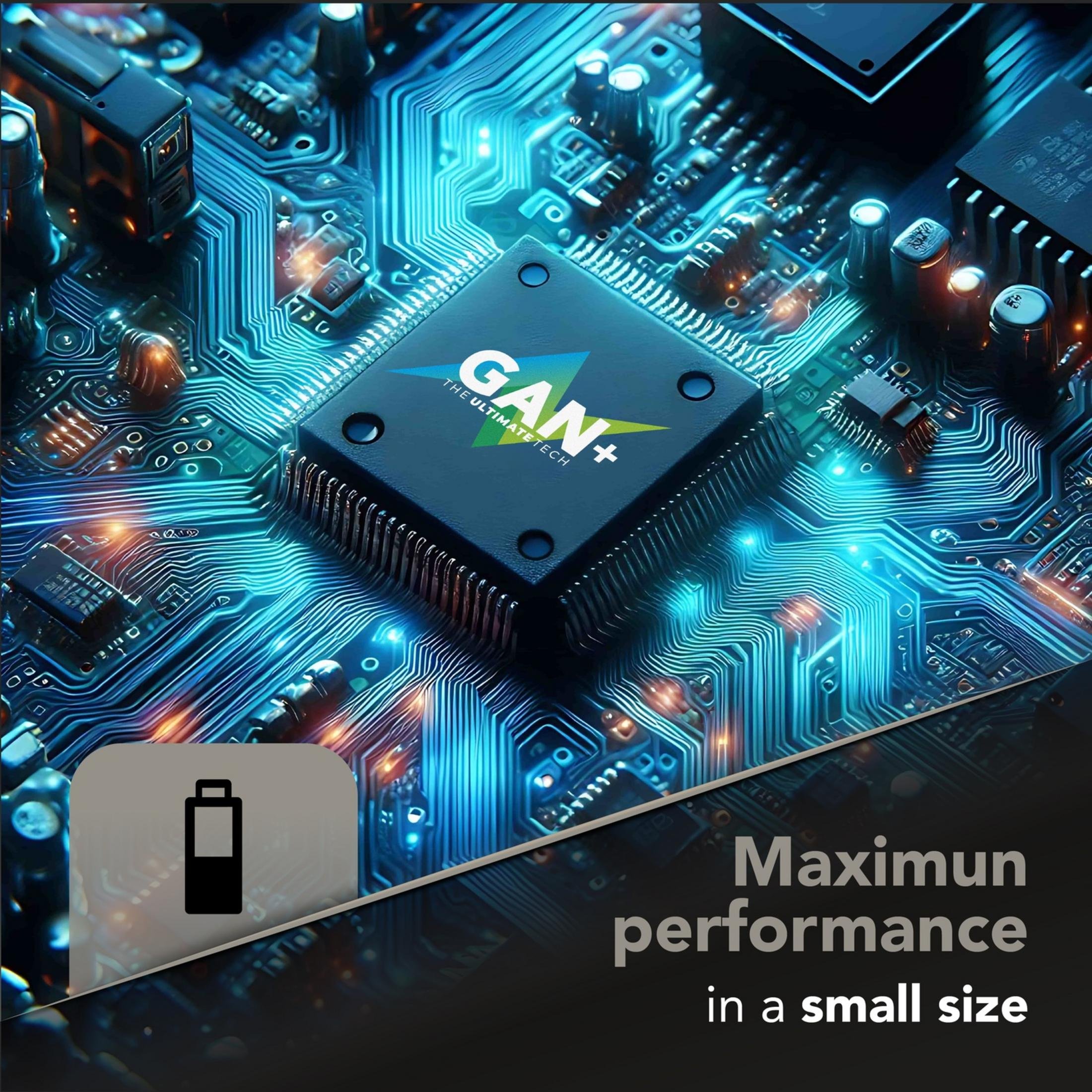 Ein Computerchip mit "GAN+" und "The Ultimate Tech" auf einer Leiterplatte.