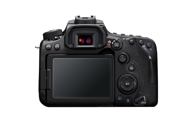 Vista posteriore di una fotocamera digitale nera con schermo LCD e pulsanti.