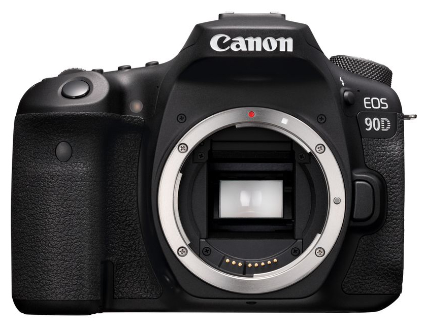 Una fotocamera digitale Canon EOS 90D nera con attacco obiettivo.