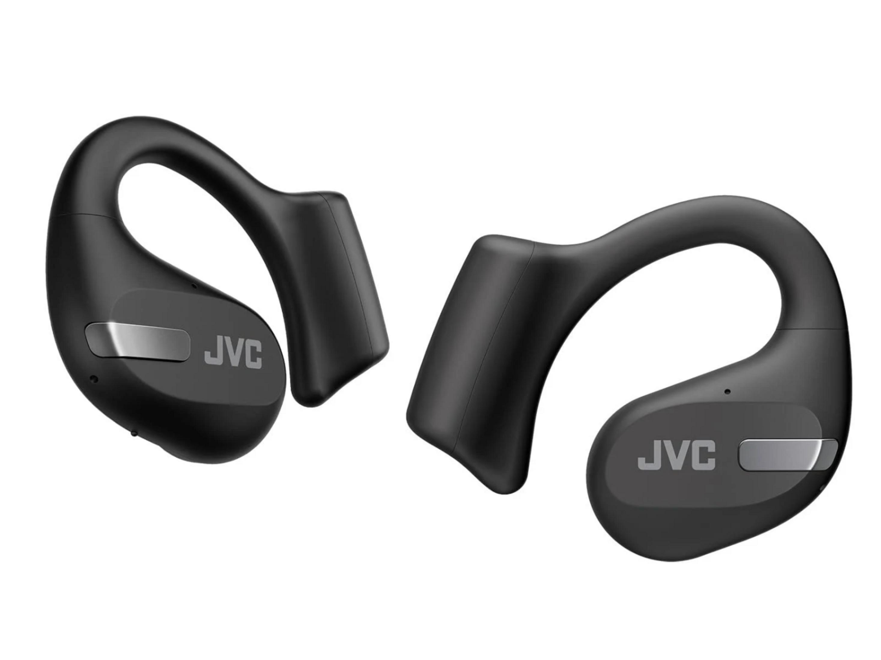 Twee zwarte JVC oordopjes met oorhaken op een witte achtergrond.