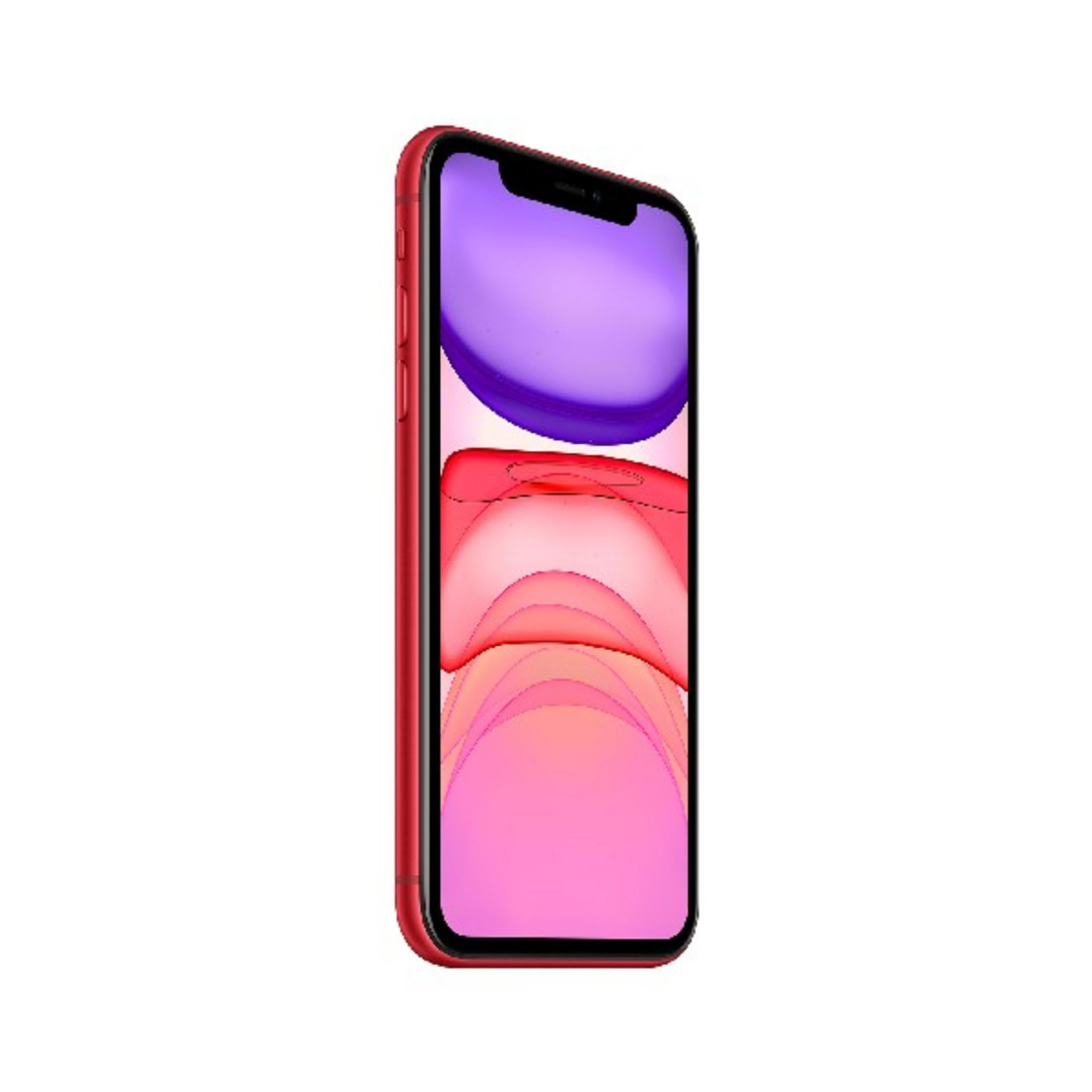 Smartphone rosso con sfondo viola e rosa, visto di lato.