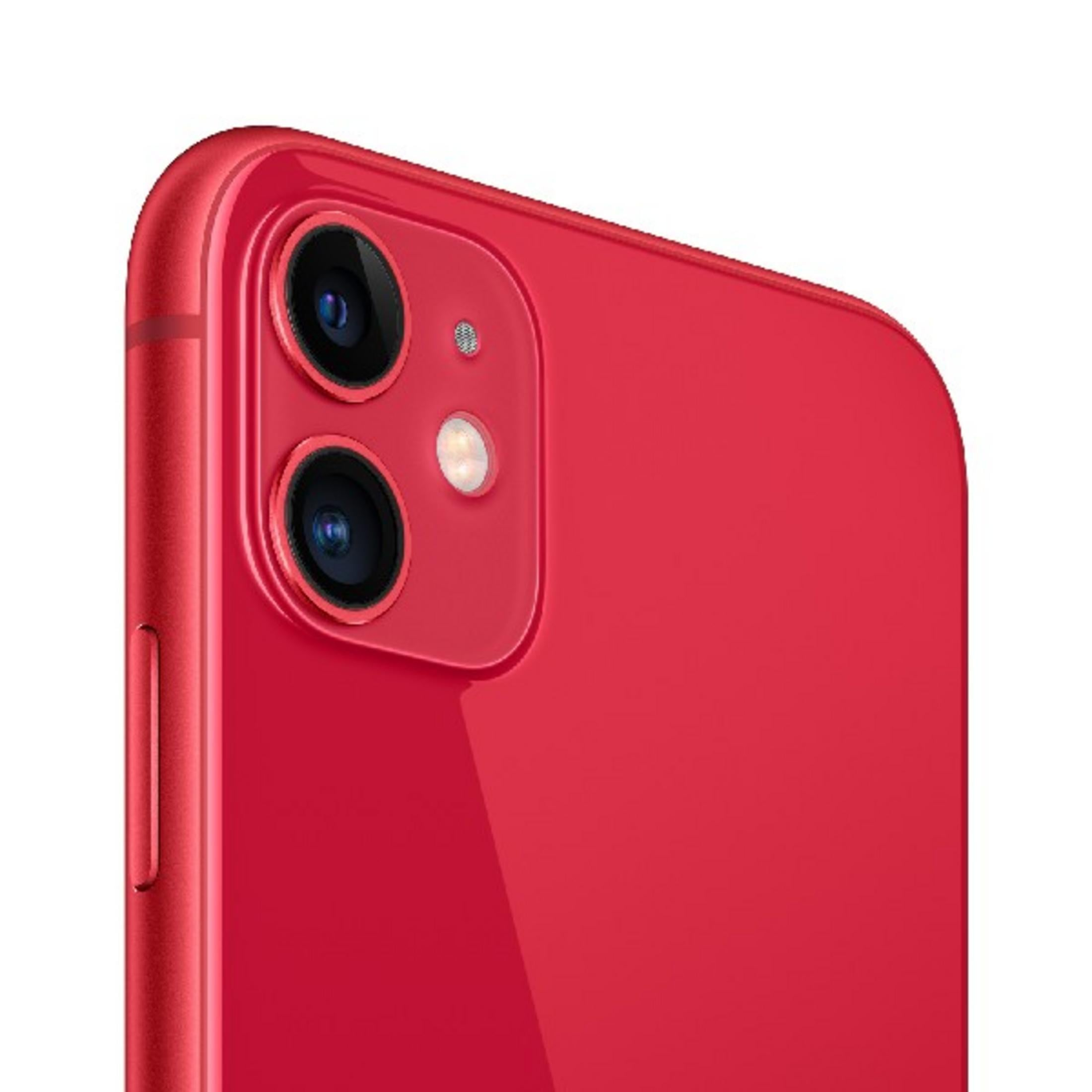 Smartphone rosso con due fotocamere posteriori, vista ravvicinata.