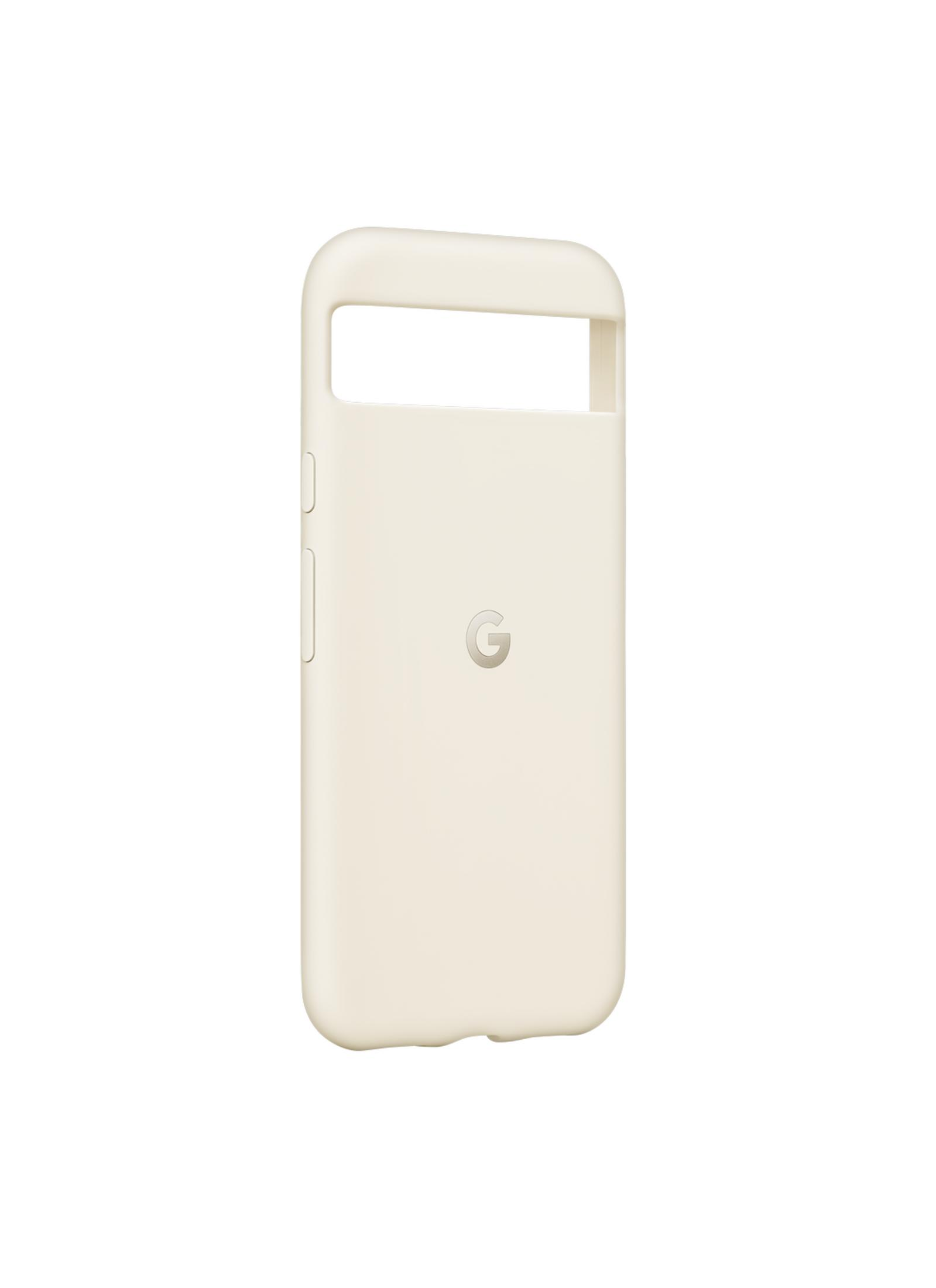 Una funda de teléfono color crema con logo de Google.