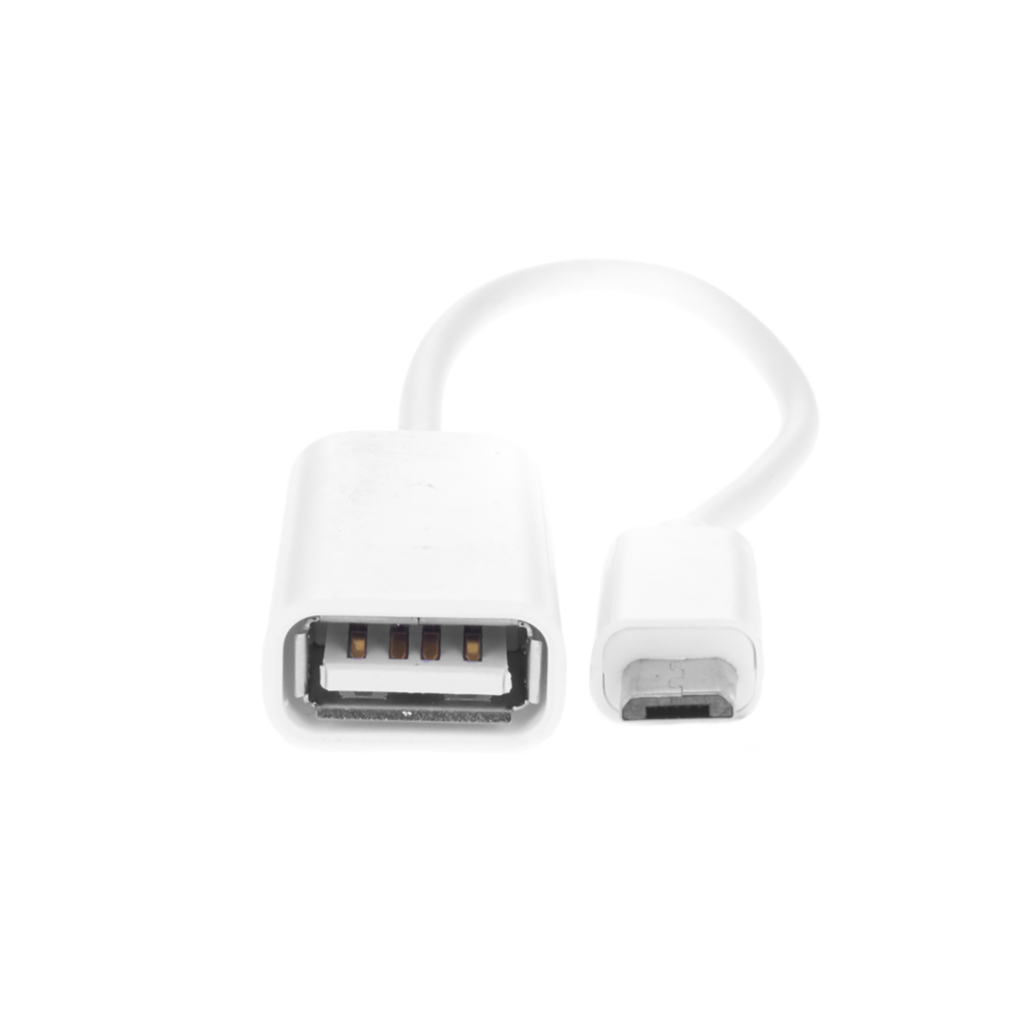 Un adattatore USB OTG bianco con porta femmina USB-A e connettore maschio micro USB.