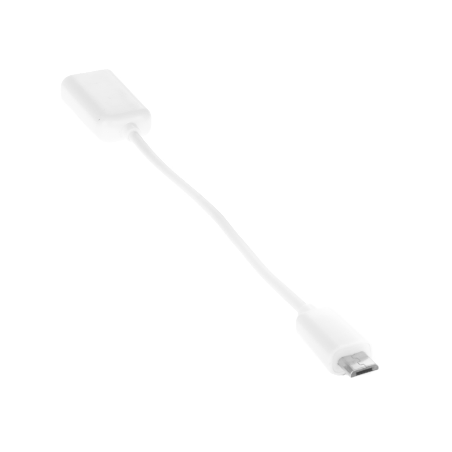 Cavo adattatore da USB-C a Micro USB bianco su sfondo bianco.