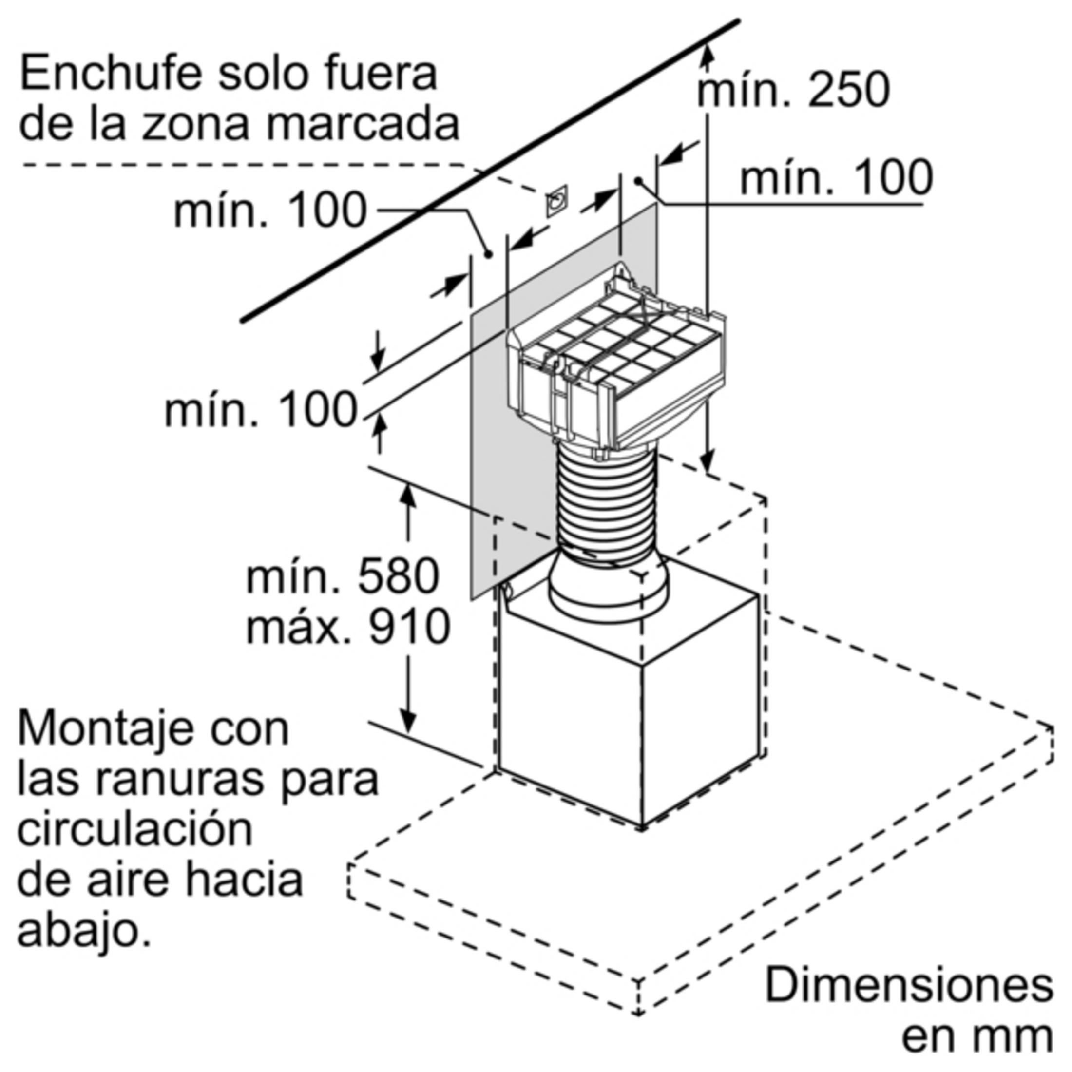 Dibujo técnico que muestra las dimensiones de instalación de una unidad.
