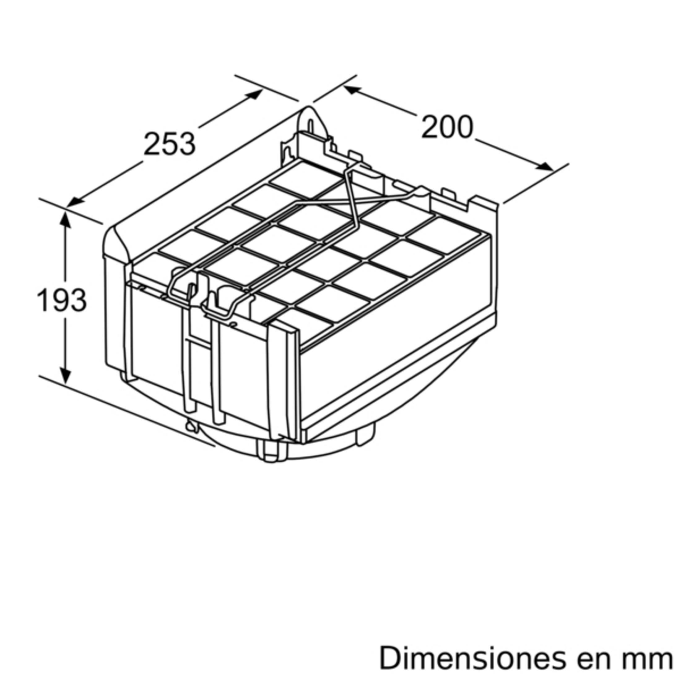 Dibujo técnico de un contenedor rectangular con cubierta de rejilla.