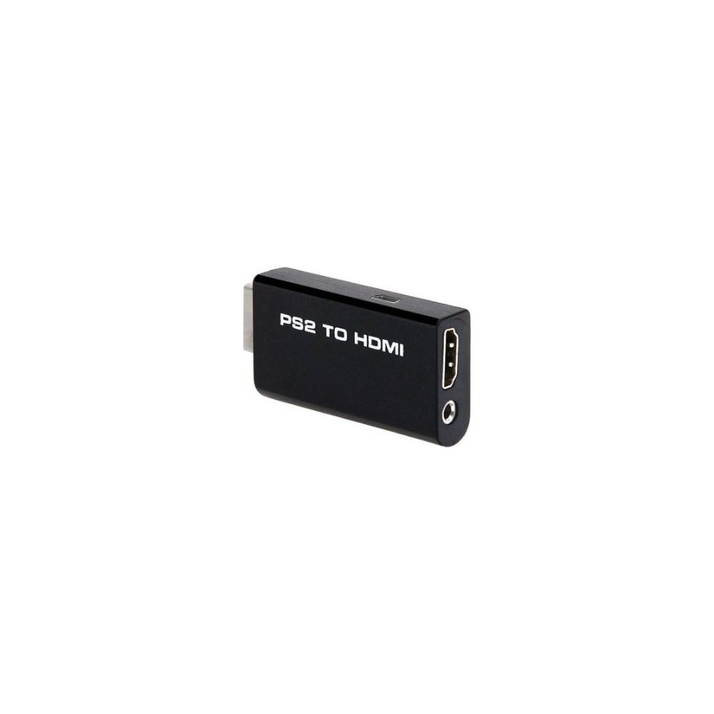 Bir HDMI bağlantı noktası ve bir ses jakı bulunan siyah PS2 - HDMI adaptörü.