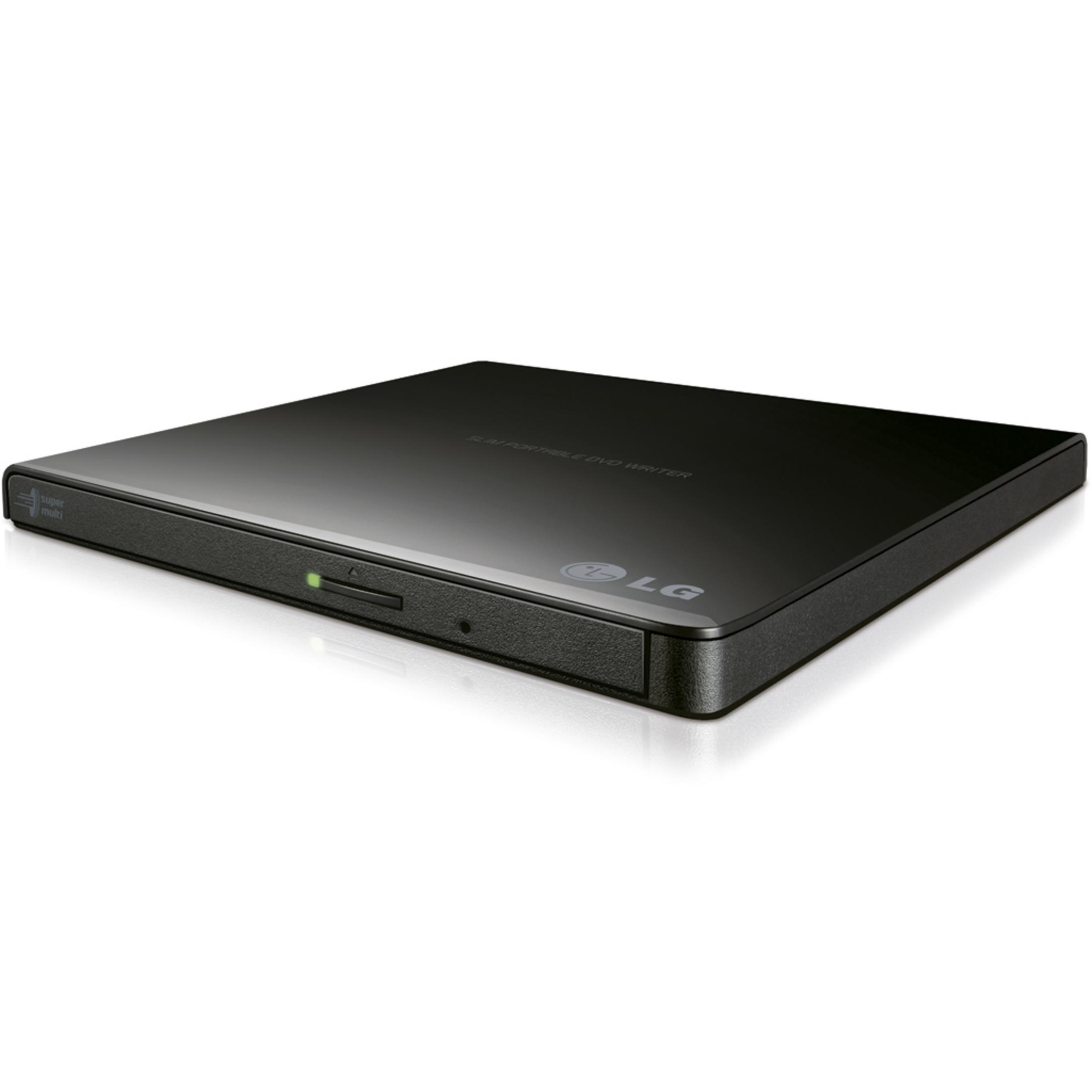 Unità DVD esterna LG nera e sottile con LED di alimentazione verde.