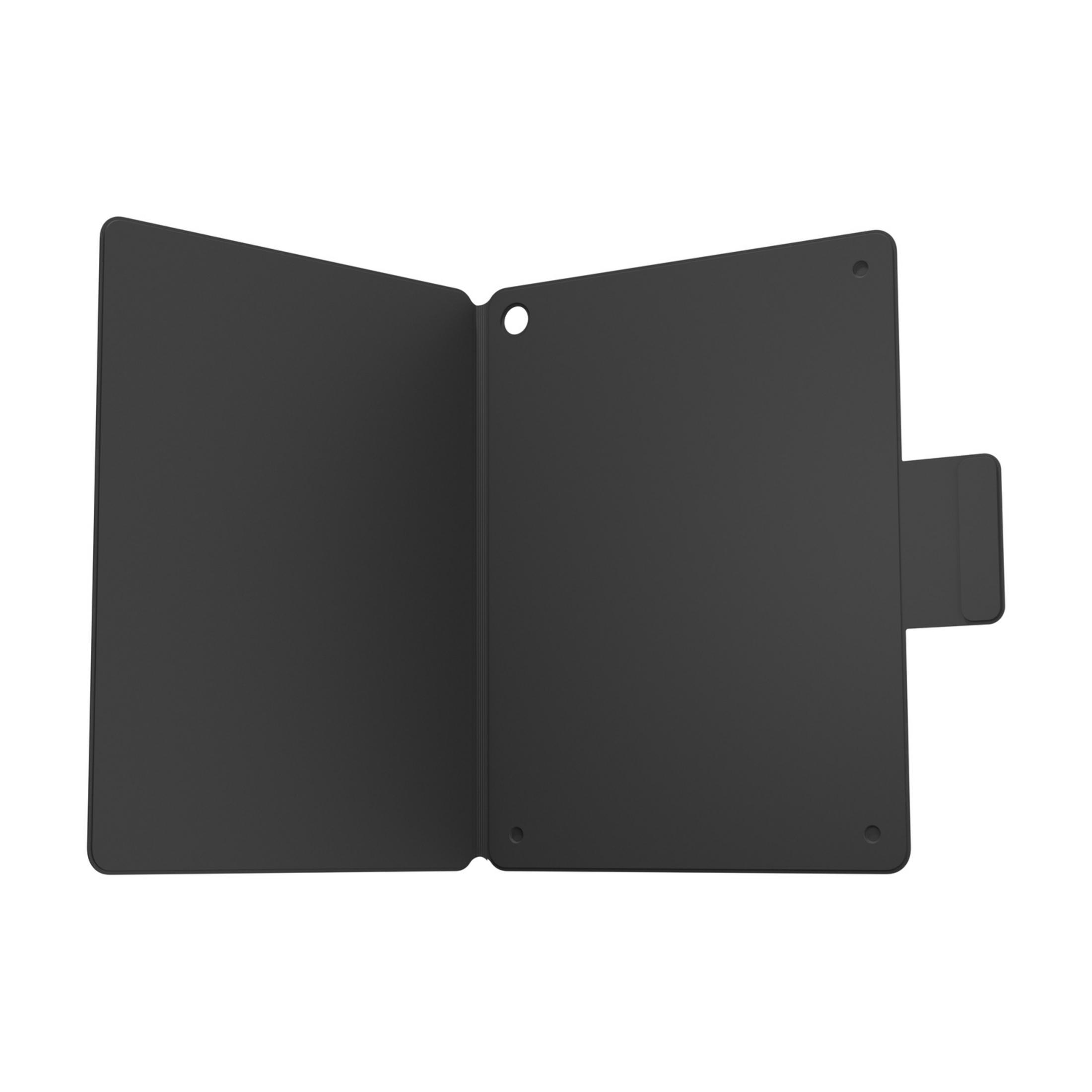Una custodia aperta nera per tablet con cinturino sul lato destro.