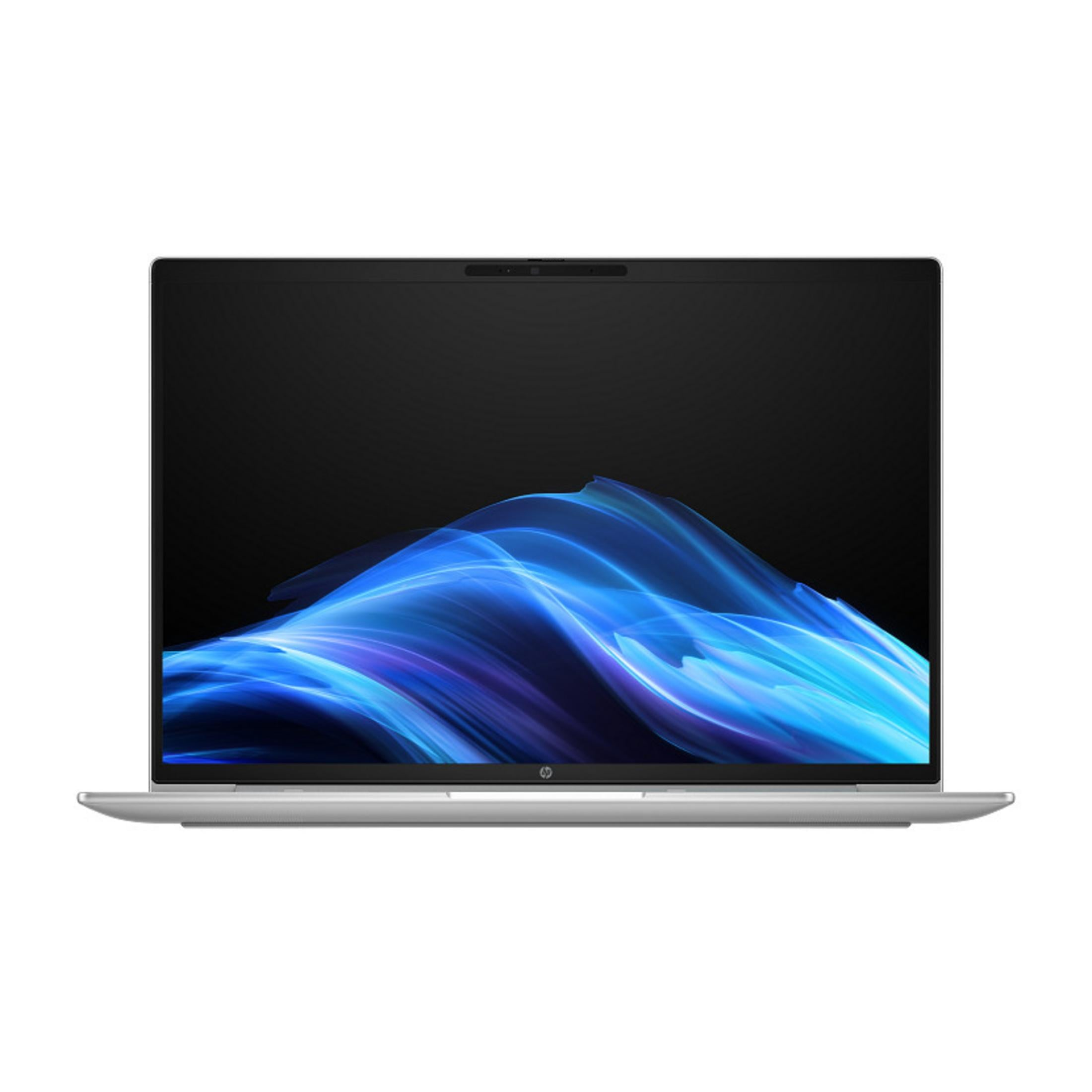 Un laptop argentato mostra uno schermo scuro con un motivo astratto a onde blu.