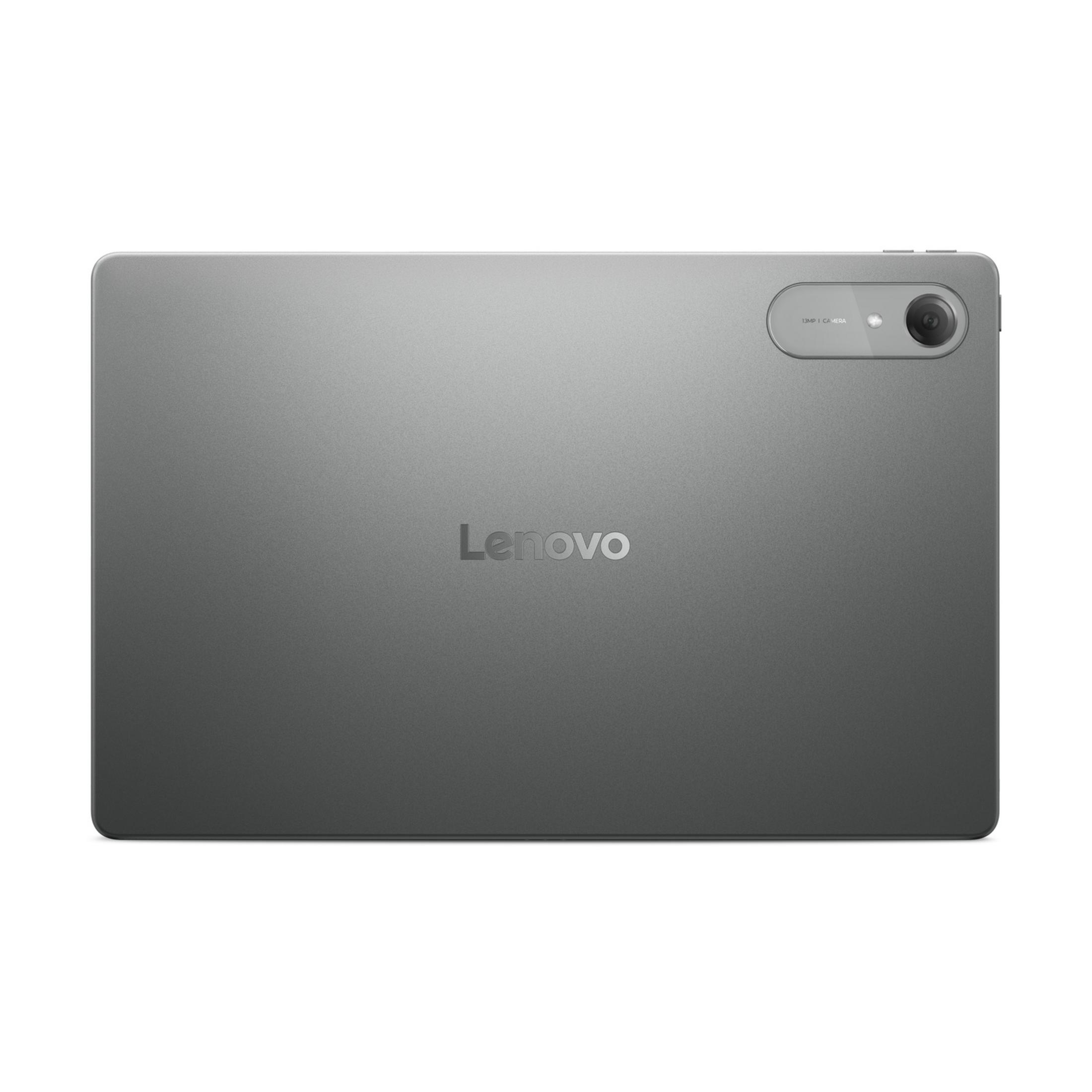Graues Lenovo Tablet mit 13MP Kamera und Logo auf der Rückseite.