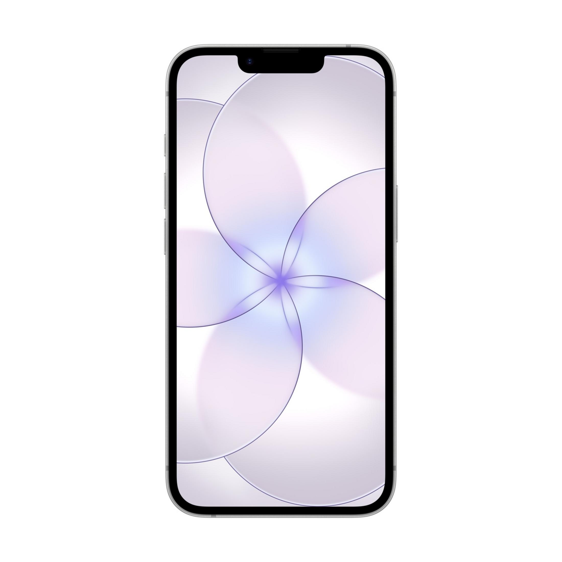 Srebrny smartfon z abstrakcyjnym fioletowo-białym tłem.