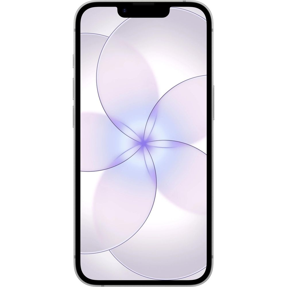 Nowoczesny smartfon wyświetla abstrakcyjną fioletowo-białą tapetę.