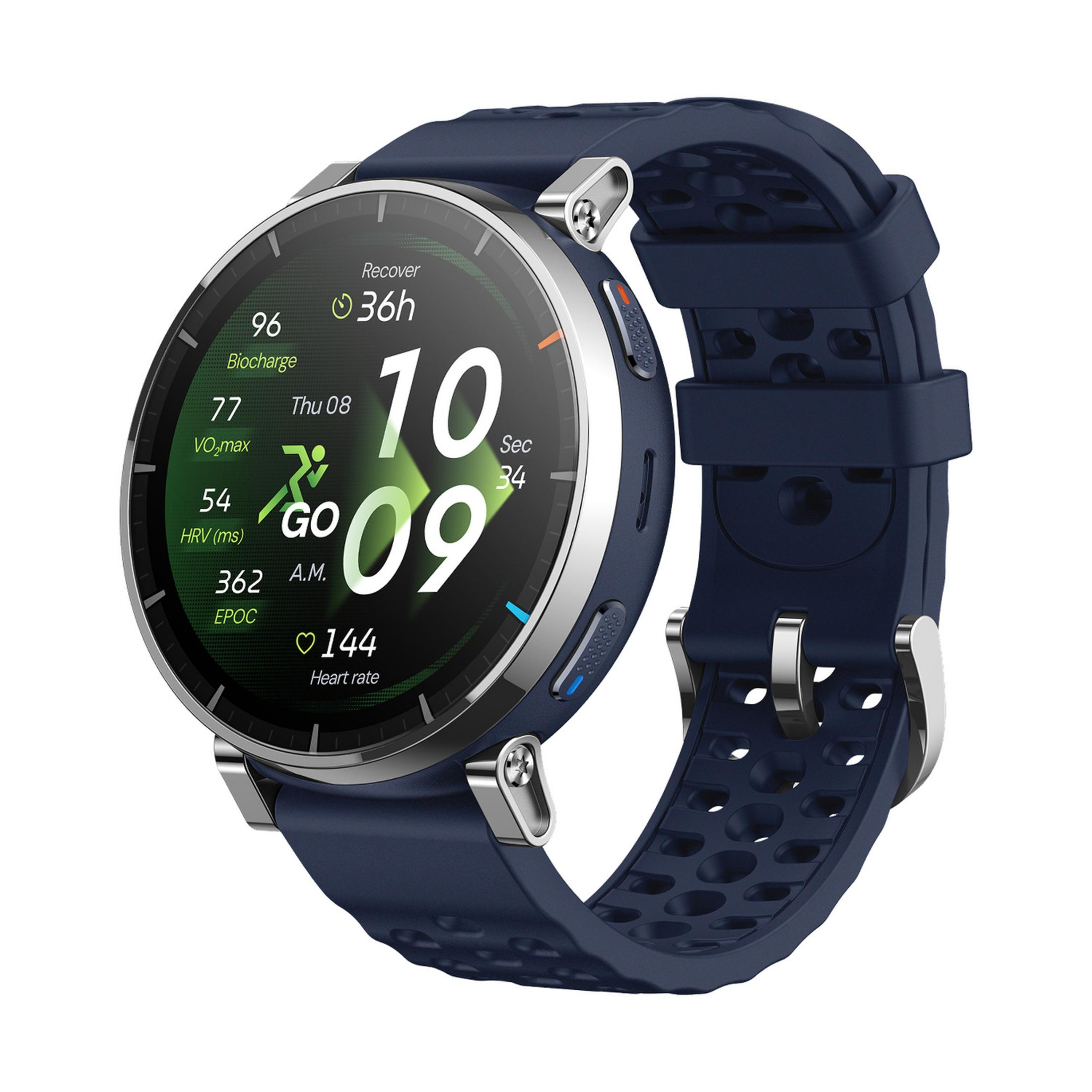 Uno smartwatch blu scuro con accenti argentati che visualizza dati di allenamento.