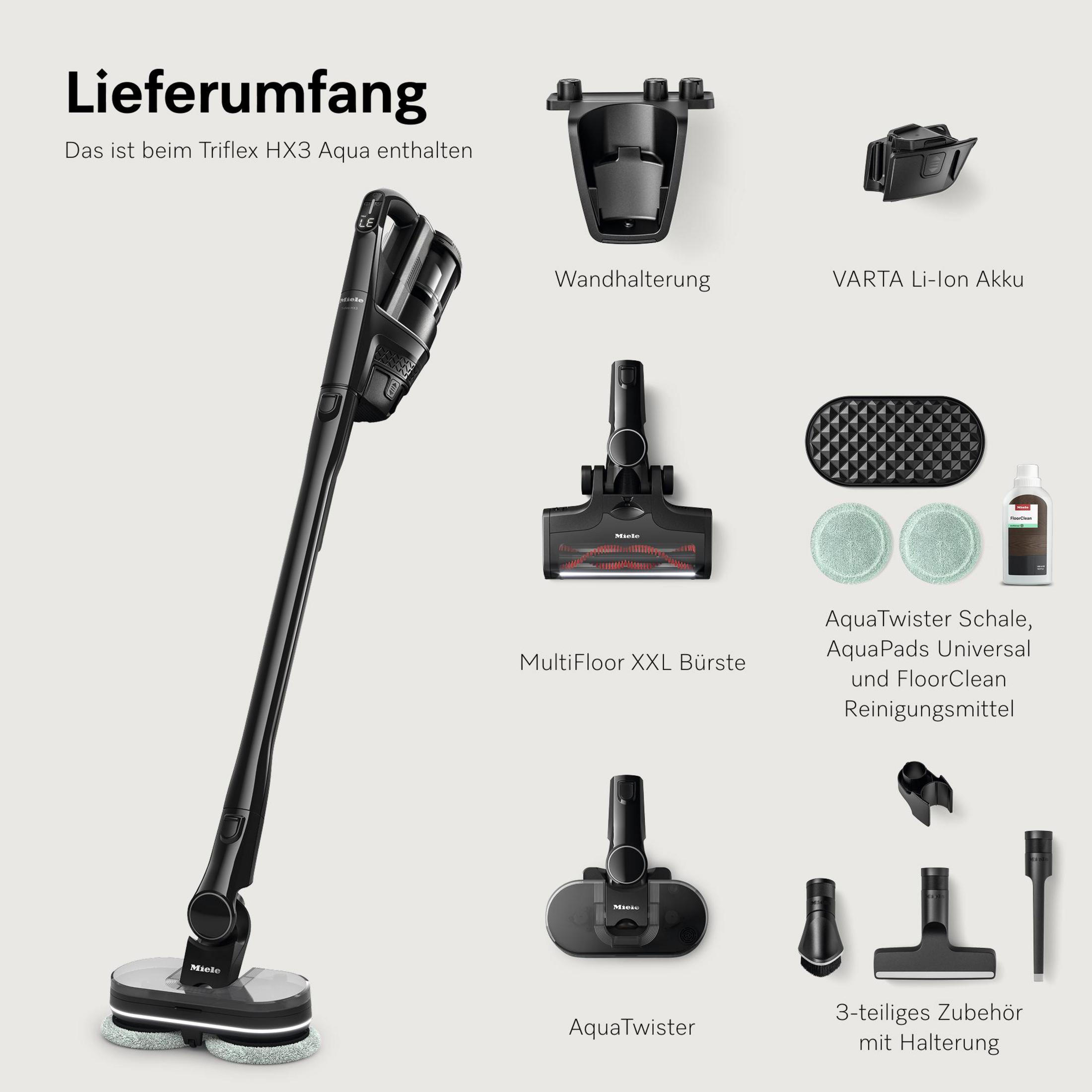 Miele Triflex HX3 Aqua Staubsauger mit Zubehör: Wandhalterung, Akku, Bürsten, Reinigungsmittel.
