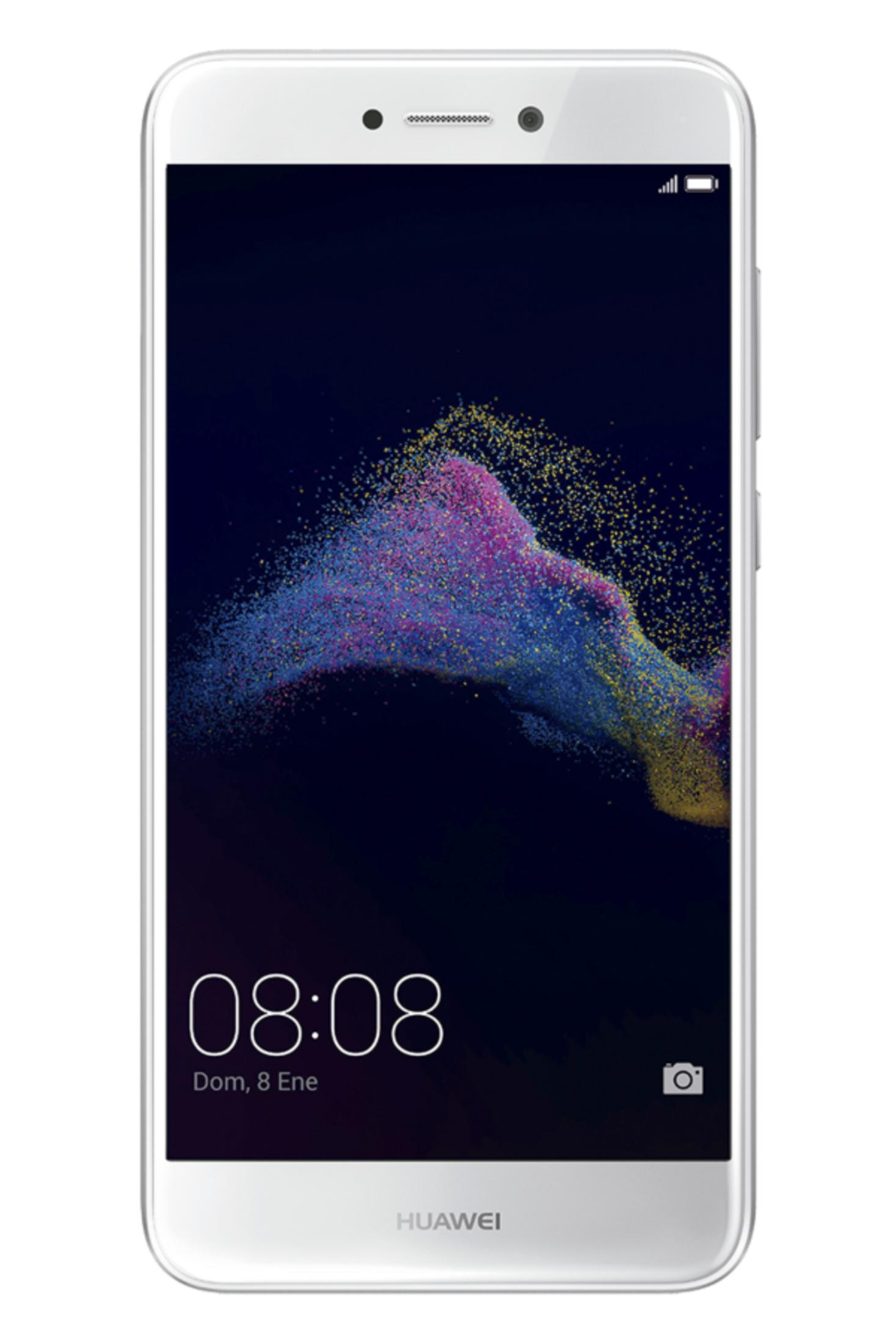 Ein weißes Huawei-Smartphone zeigt einen dunklen Bildschirm mit bunten Partikeln und der Uhrzeit 08:08.