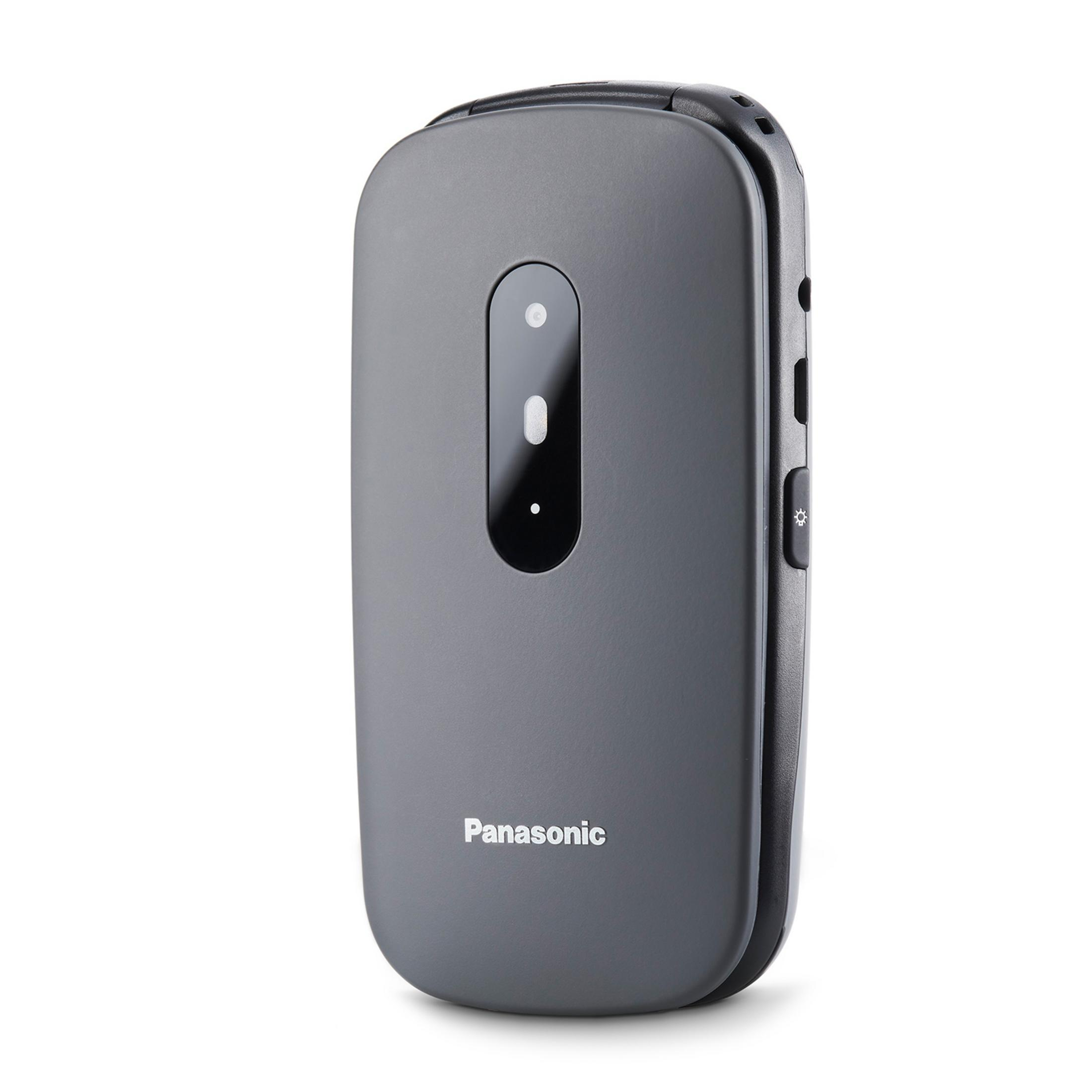 Ein geschlossenes graues Panasonic-Klapphandy mit Kameraobjektiv.