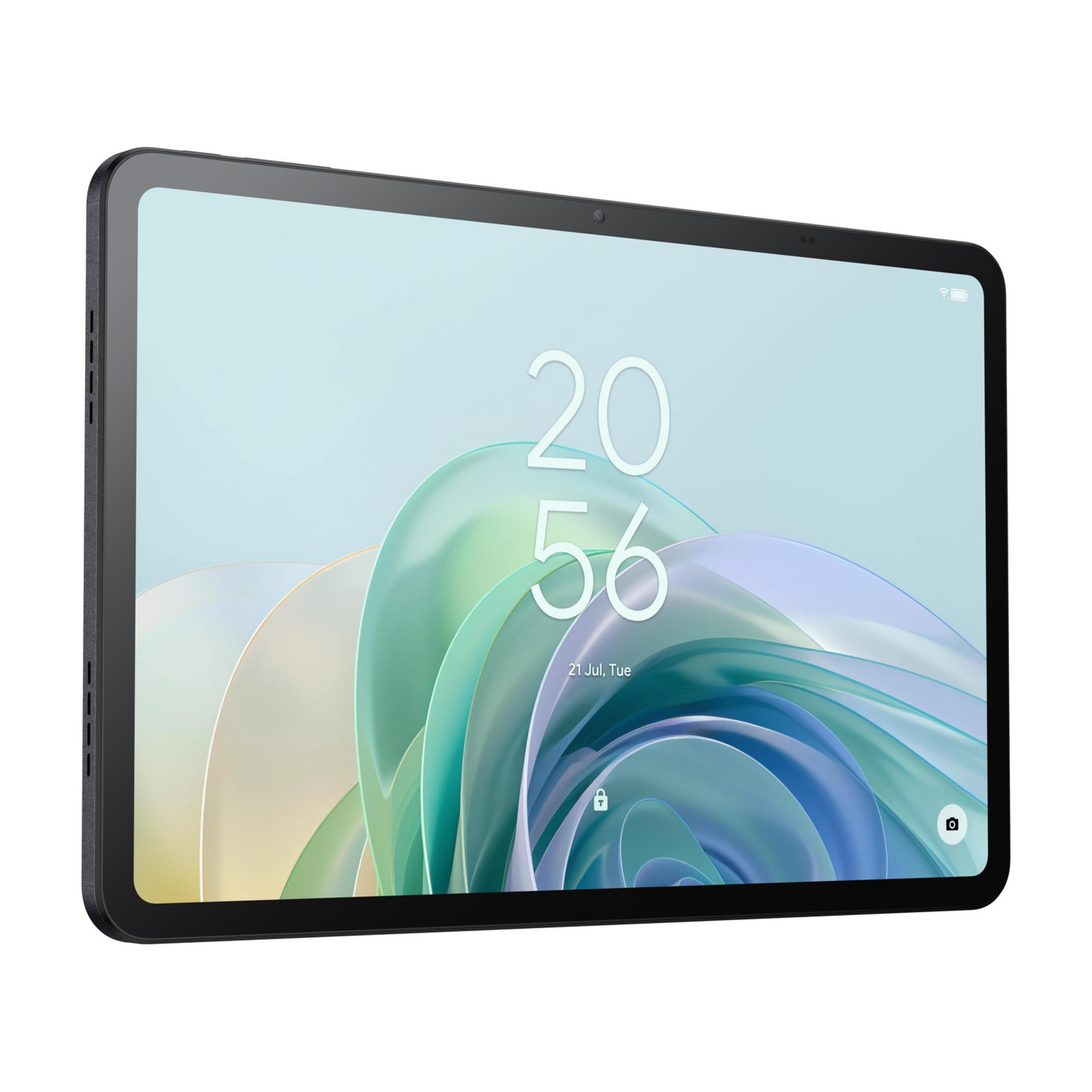 Czarny tablet wyświetlający godzinę na ekranie z abstrakcyjną tapetą.