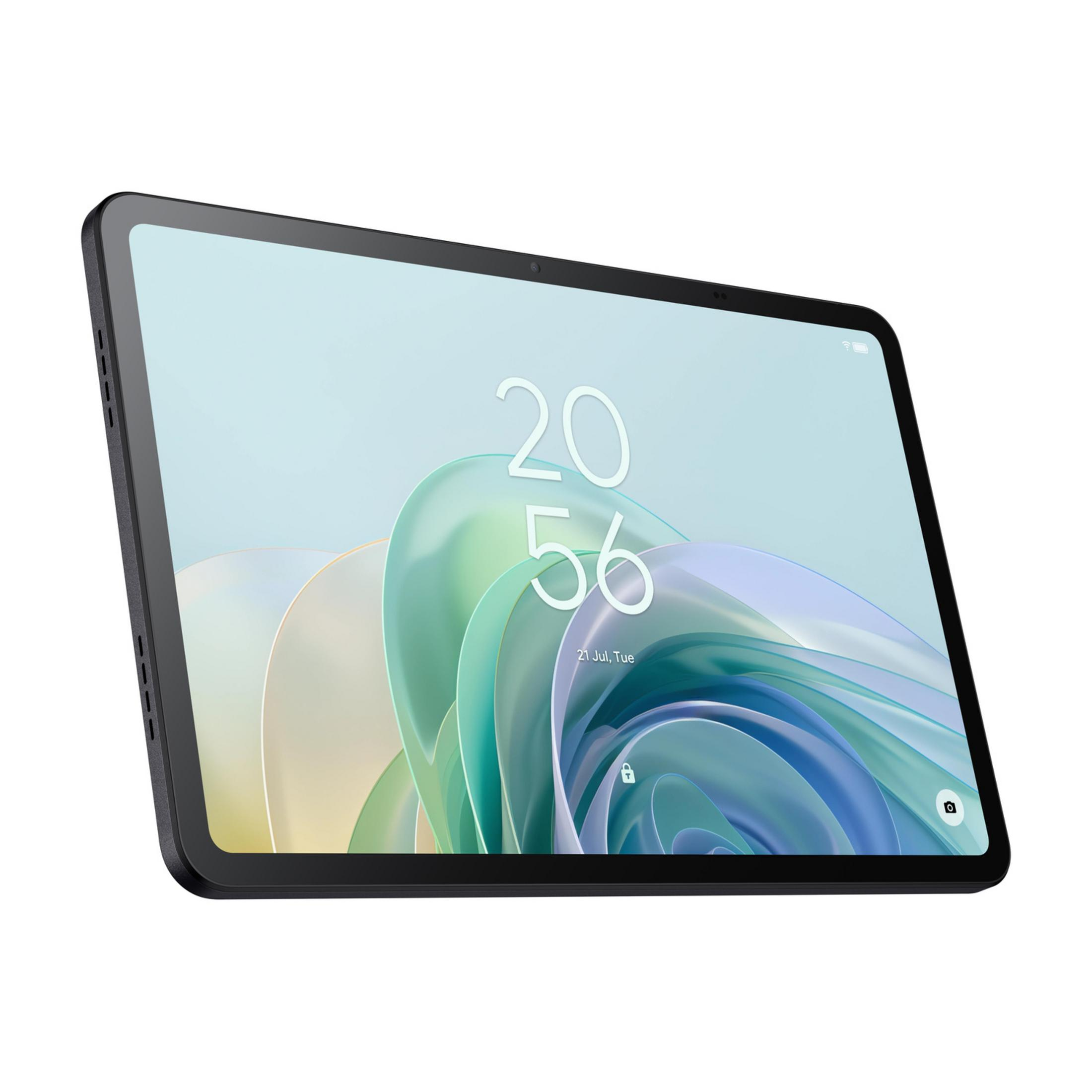 Czarny tablet z kolorową, abstrakcyjną tapetą. Widoczna jest godzina 20:56.