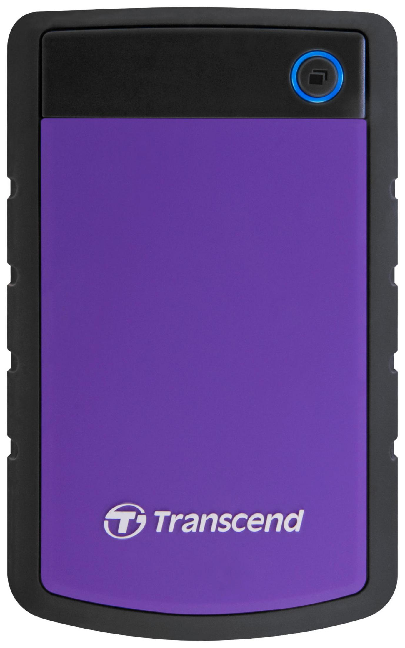 Hard disk esterno viola con custodia nera e una luce blu.