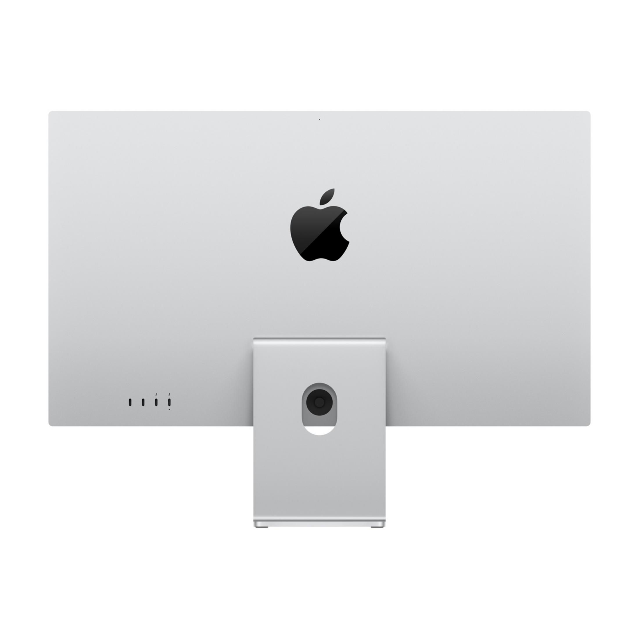 iMac argento con logo Apple e supporto. Porte in basso a sinistra.