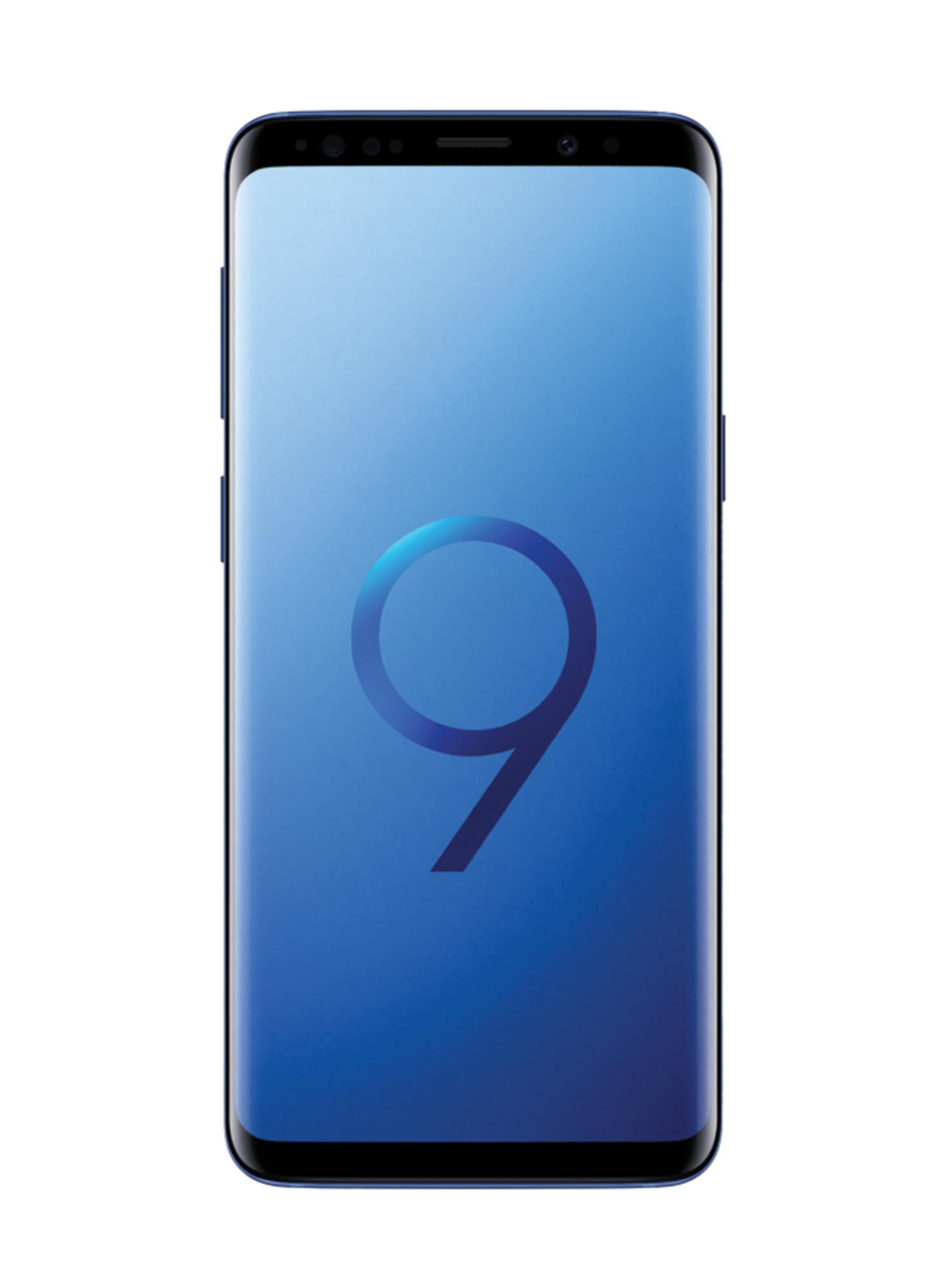 Ein blaues Smartphone mit dem blauen Symbol einer Neun auf dem Bildschirm.