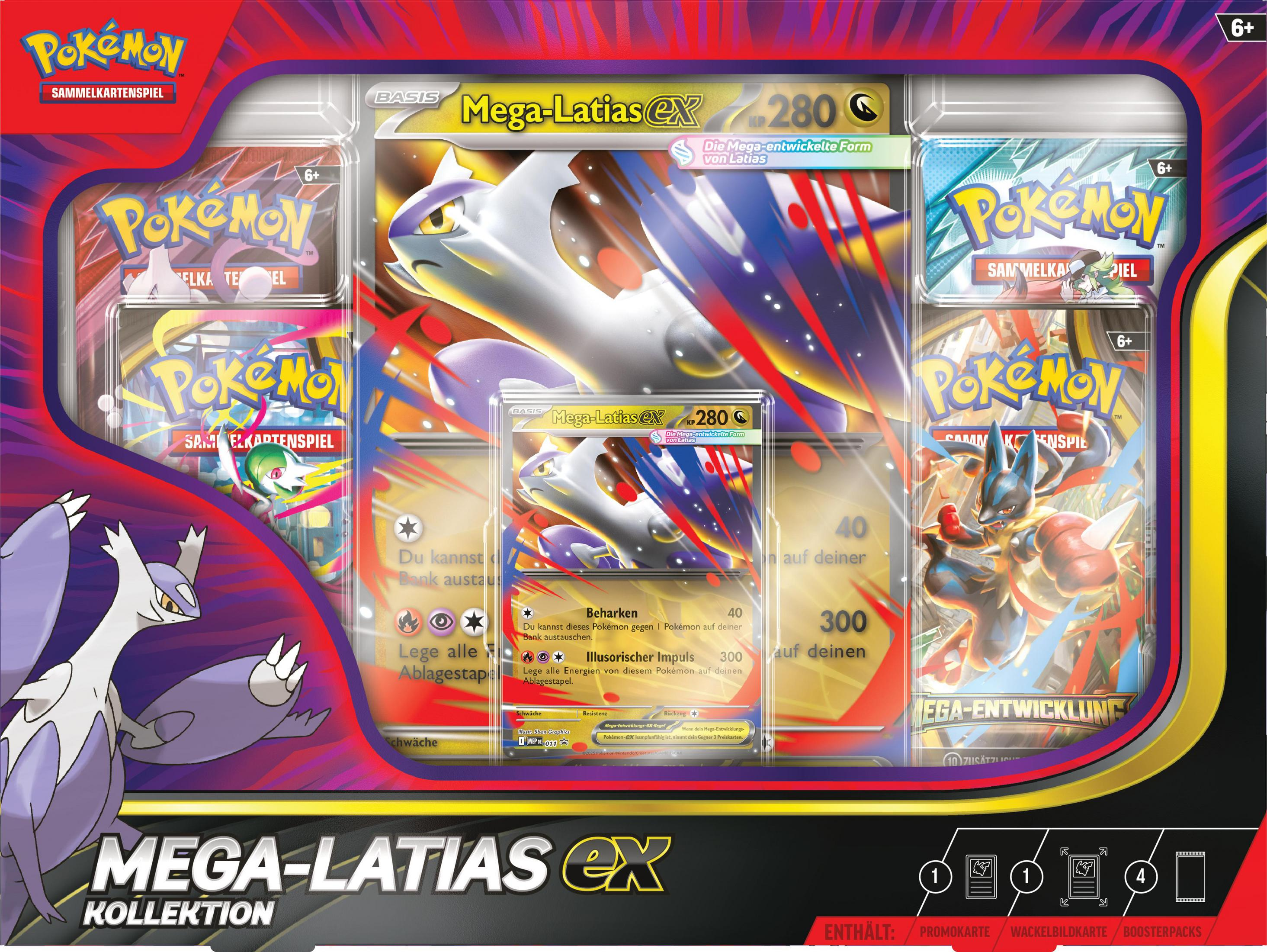 Pokémon Mega Latias EX Kollektion mit Spielkarten, Boostern und Sammelkarten.