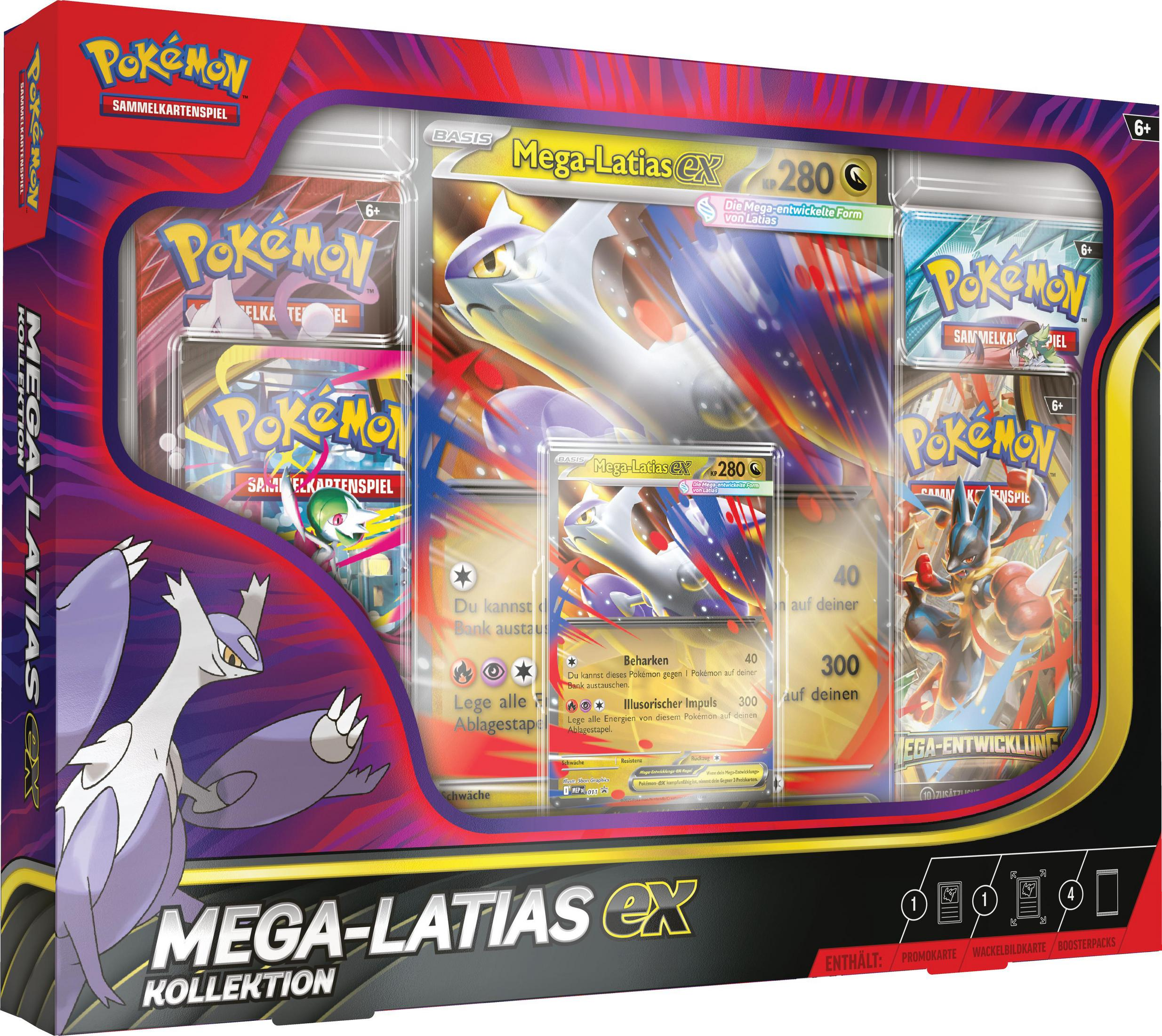 Pokémon Mega Latias EX Kollektion mit Sammelkarten, Promokarte und Boosterpacks.