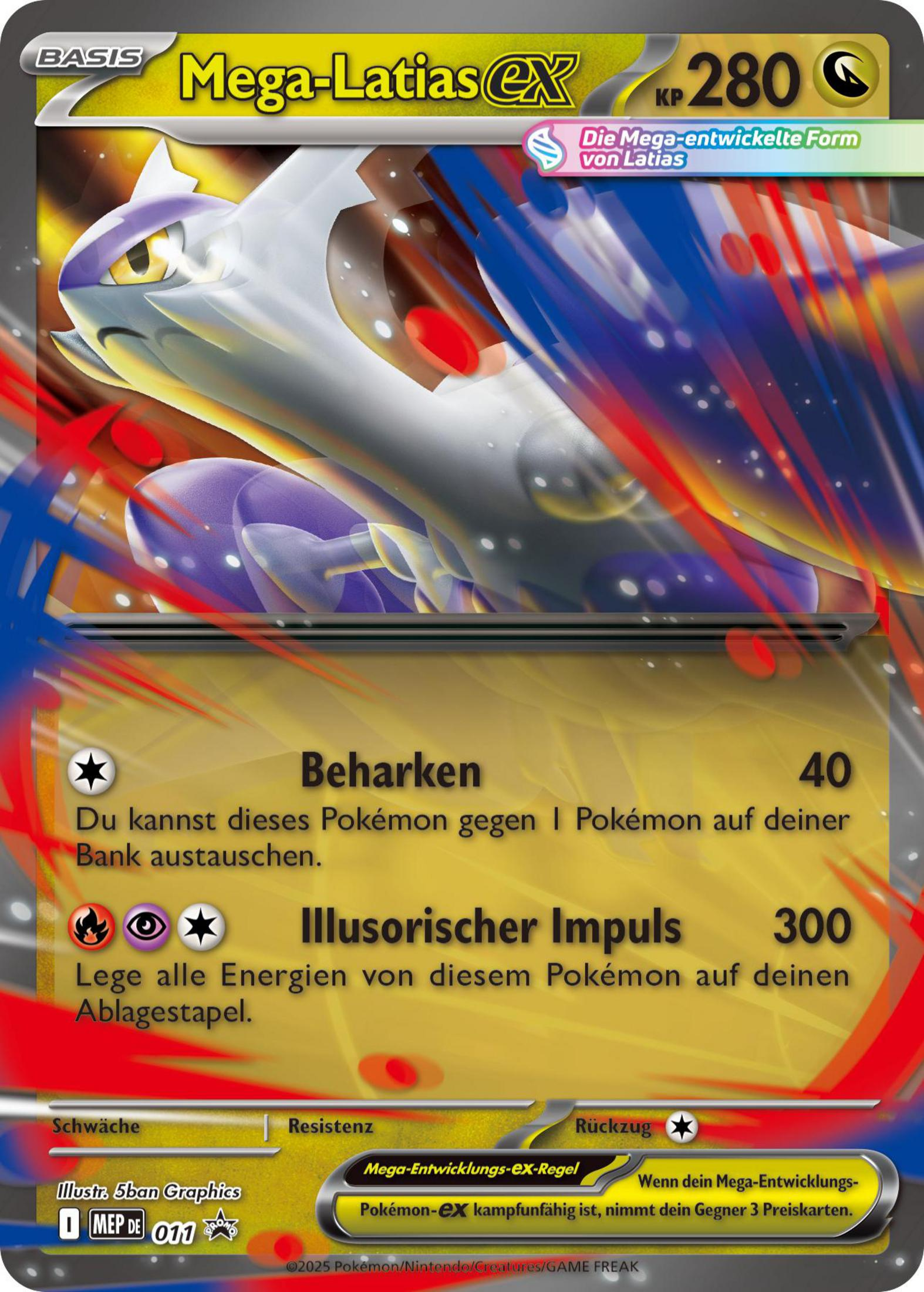 Pokémon-Karte: Mega-Latias EX mit 280 KP, Angriffe und Regeln.