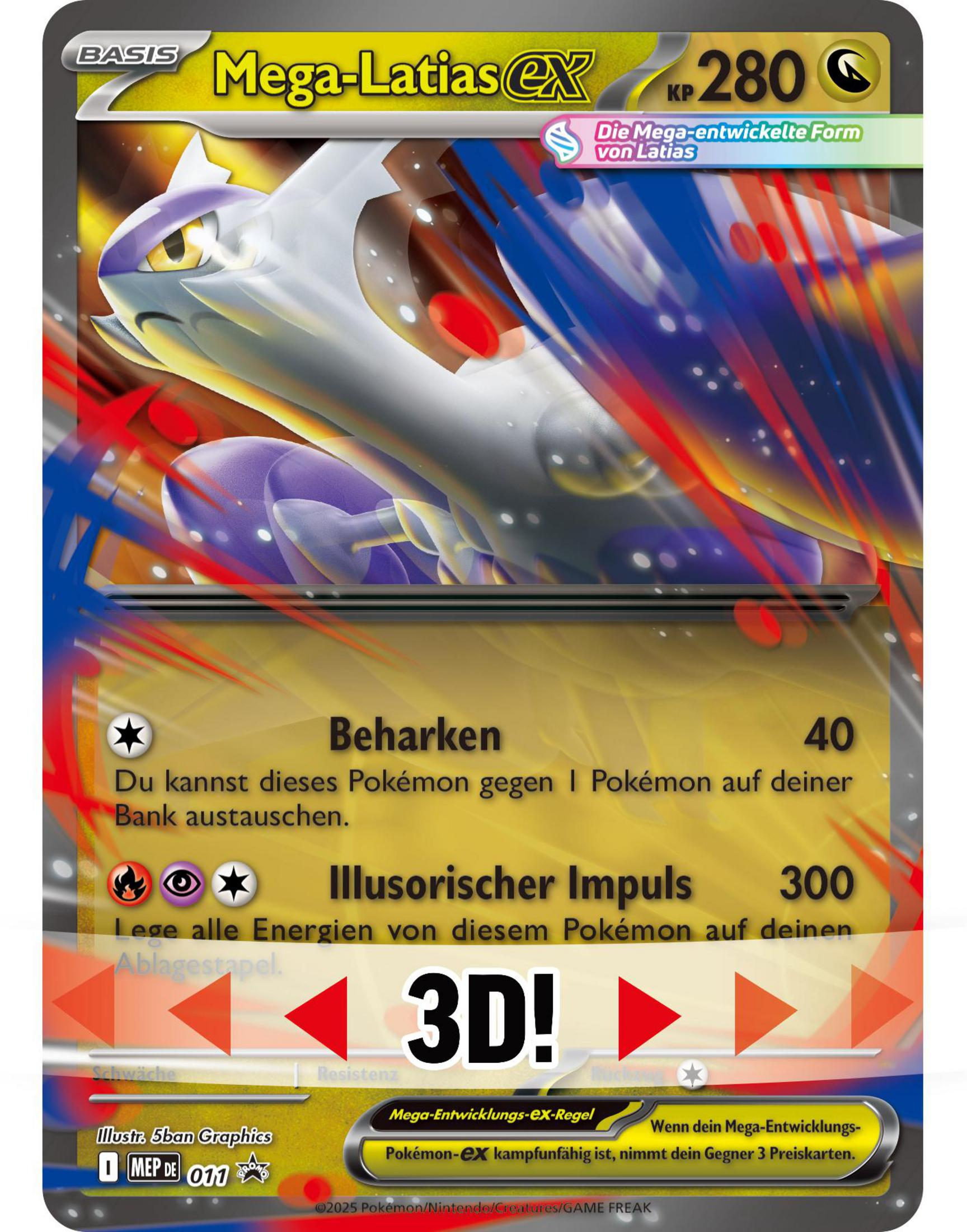 Eine Pokémon-Karte mit Mega-Latias, KP 280, und Spielinformationen.
