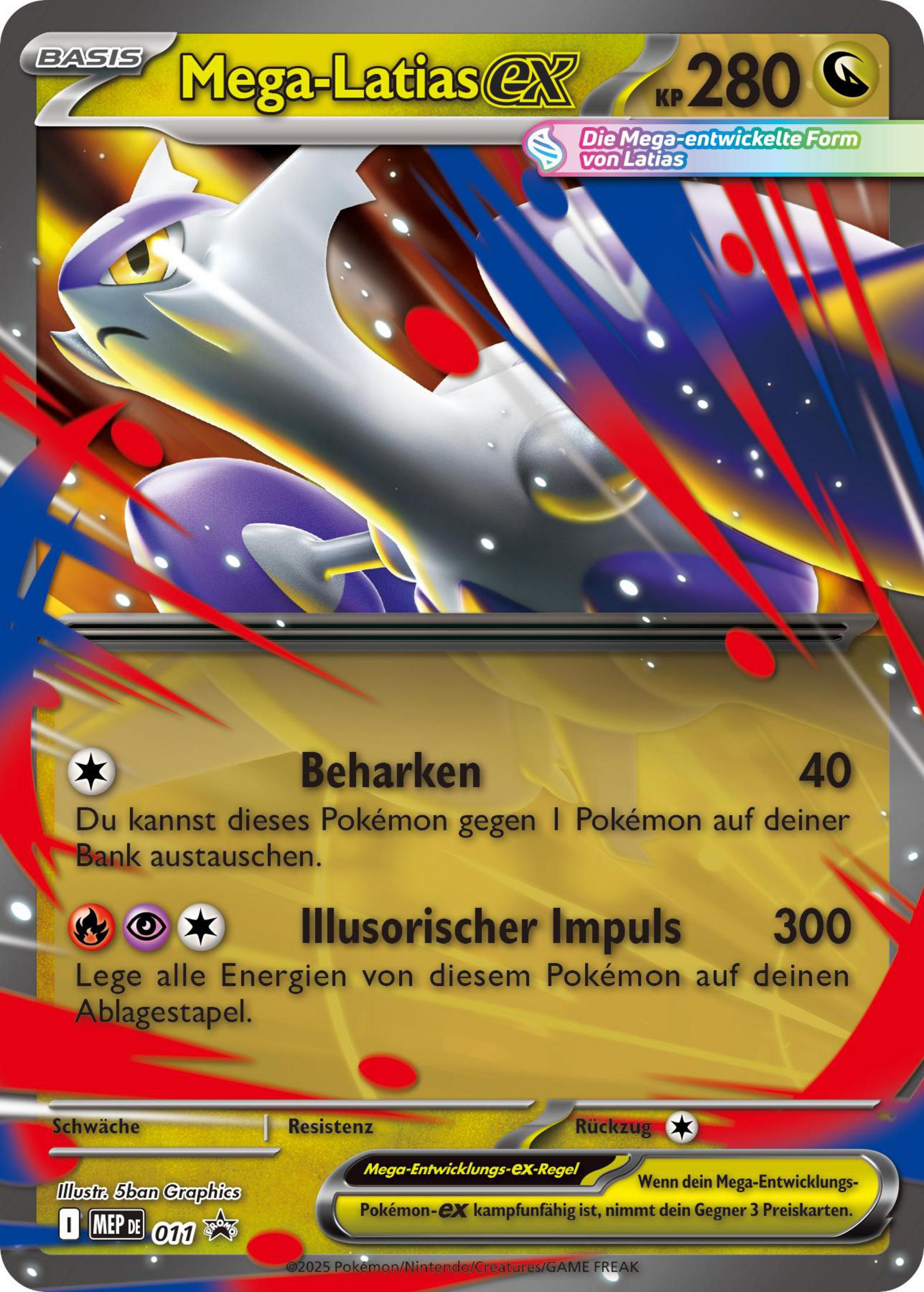 Pokémon-Karte: Mega-Latias EX mit 280 KP, gelbem Hintergrund und roten/blauen Strahlen.