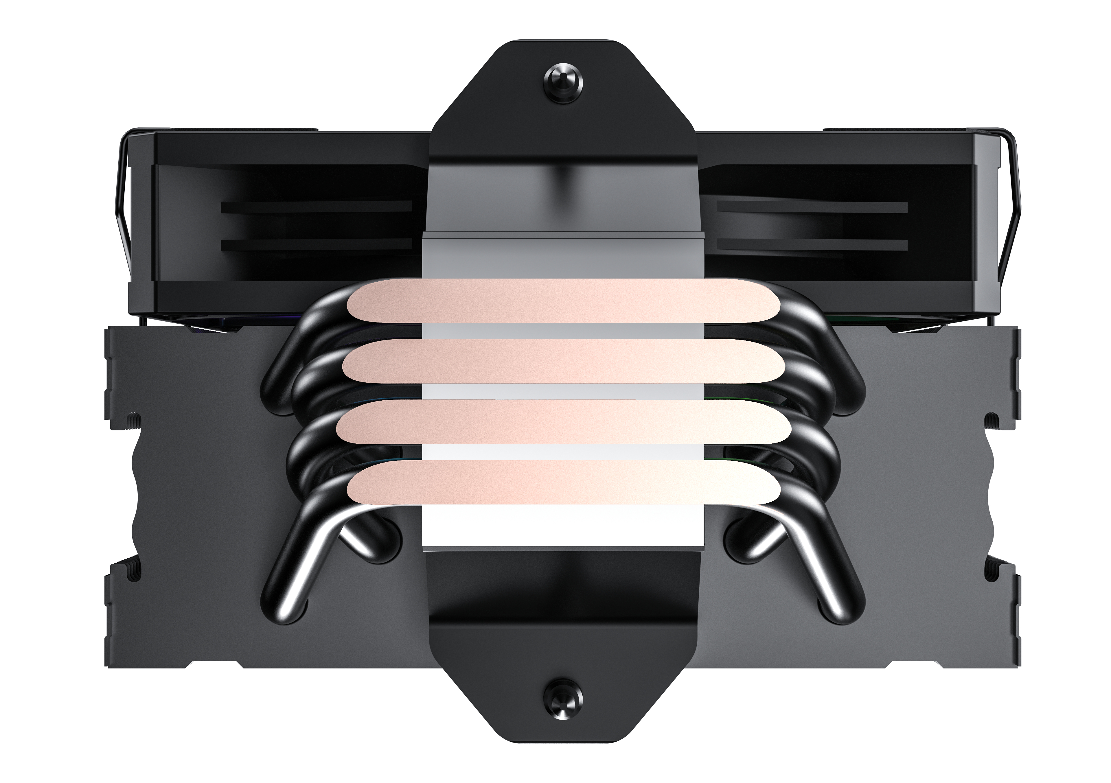 Dissipatore CPU nero con heat pipe in rame e alette ventola.