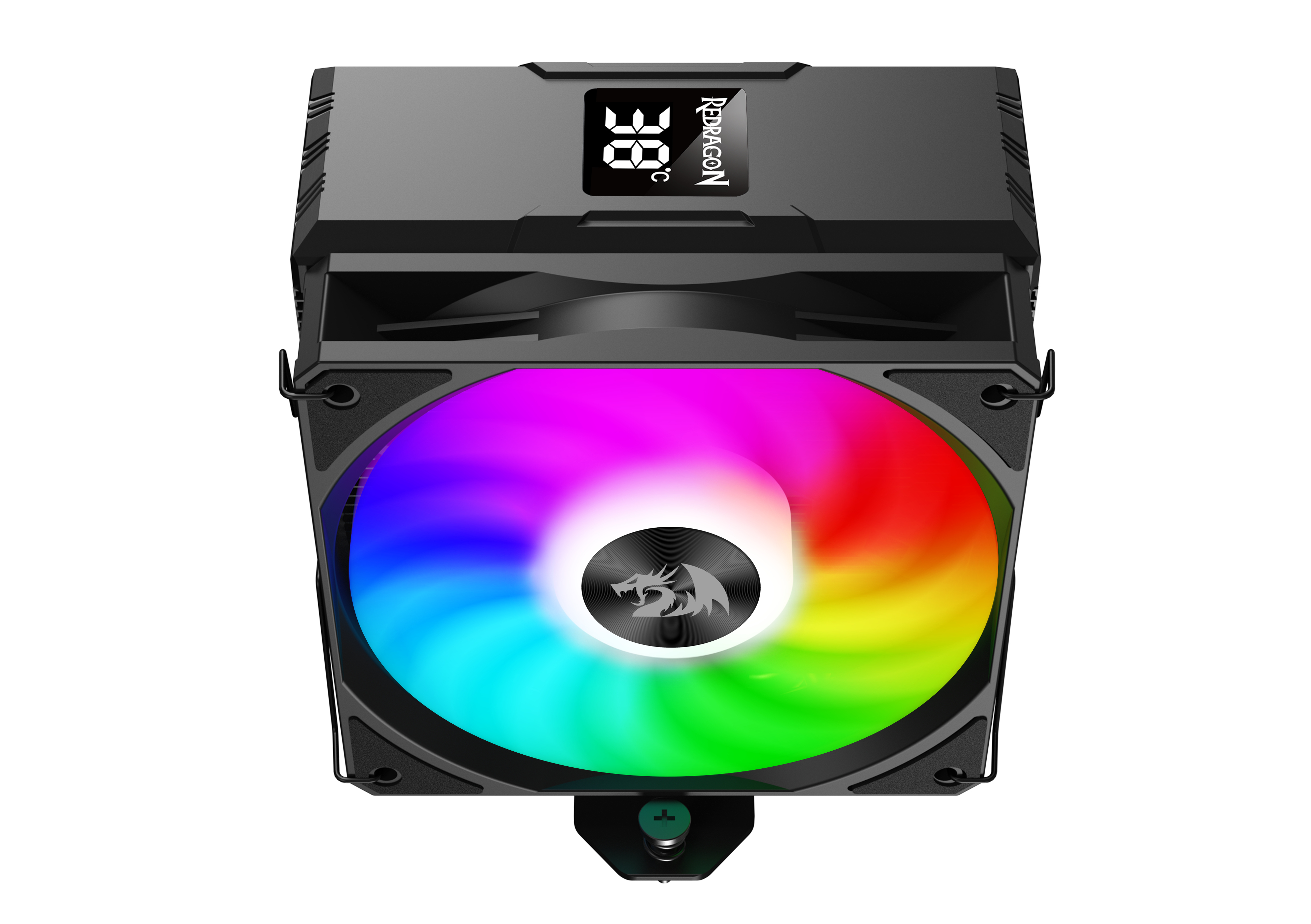 Dissipatore CPU nero con ventola RGB, mostra 38°C.