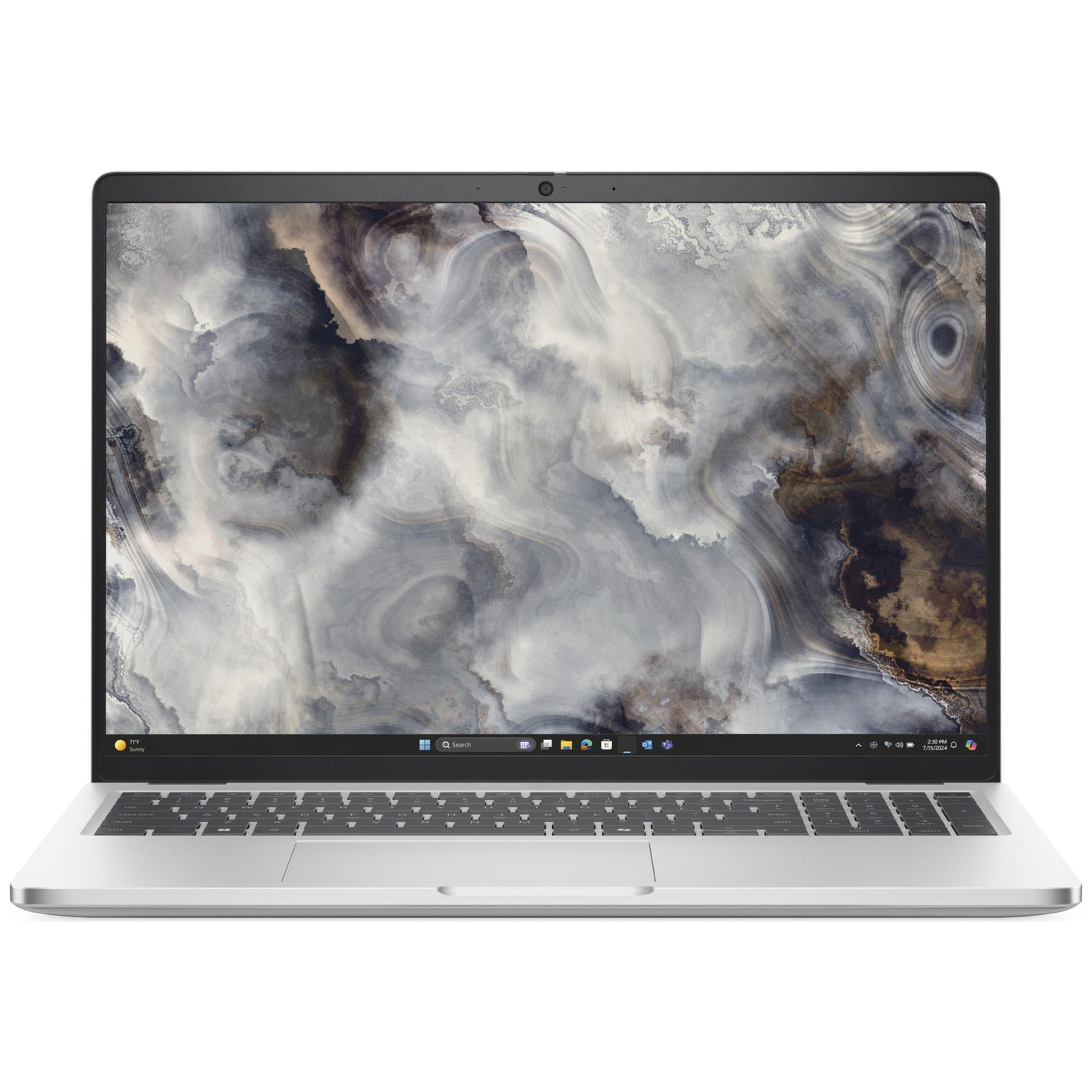 Srebrny laptop z abstrakcyjną tapetą pulpitu i klawiaturą.