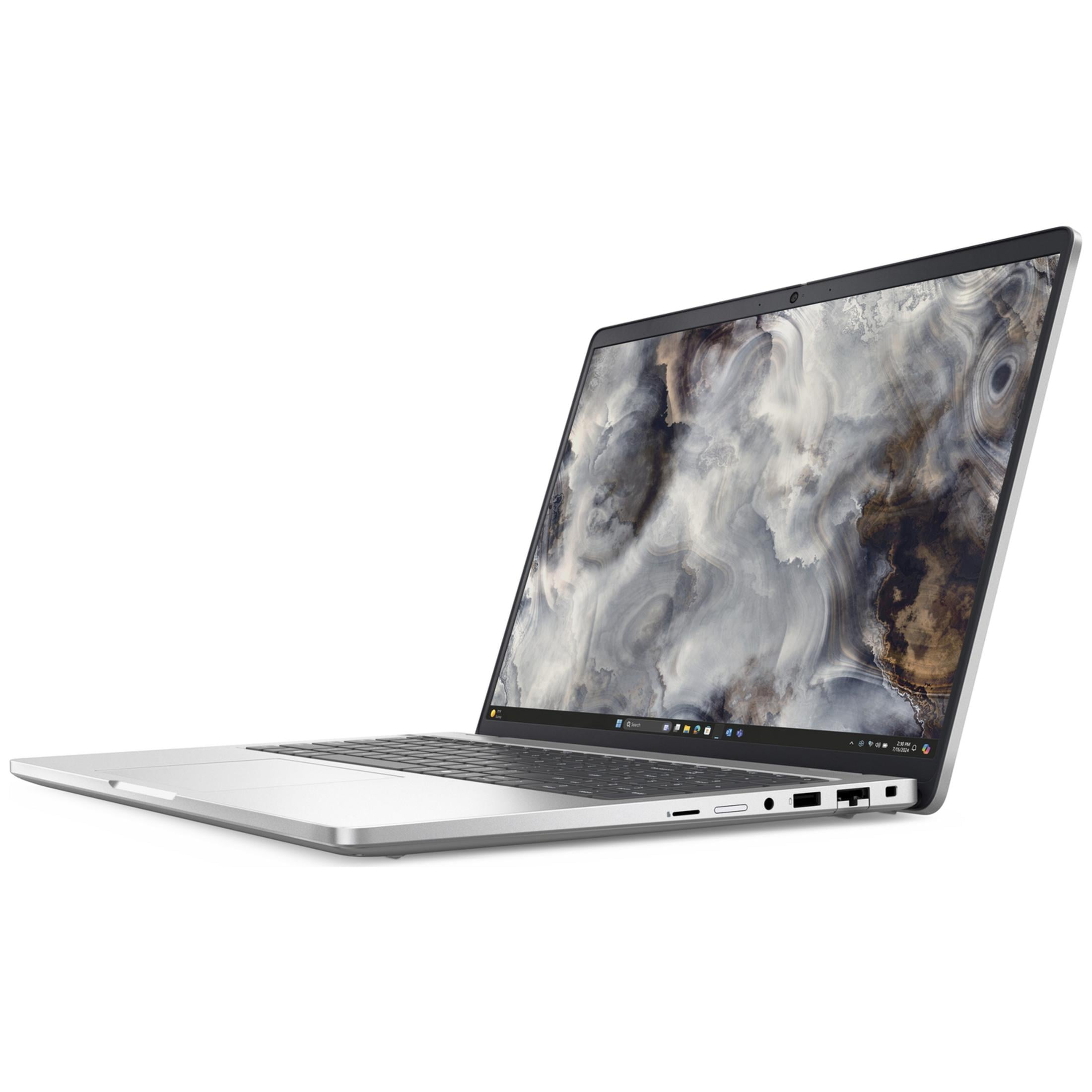 Srebrny laptop z marmurowym tłem na ekranie.