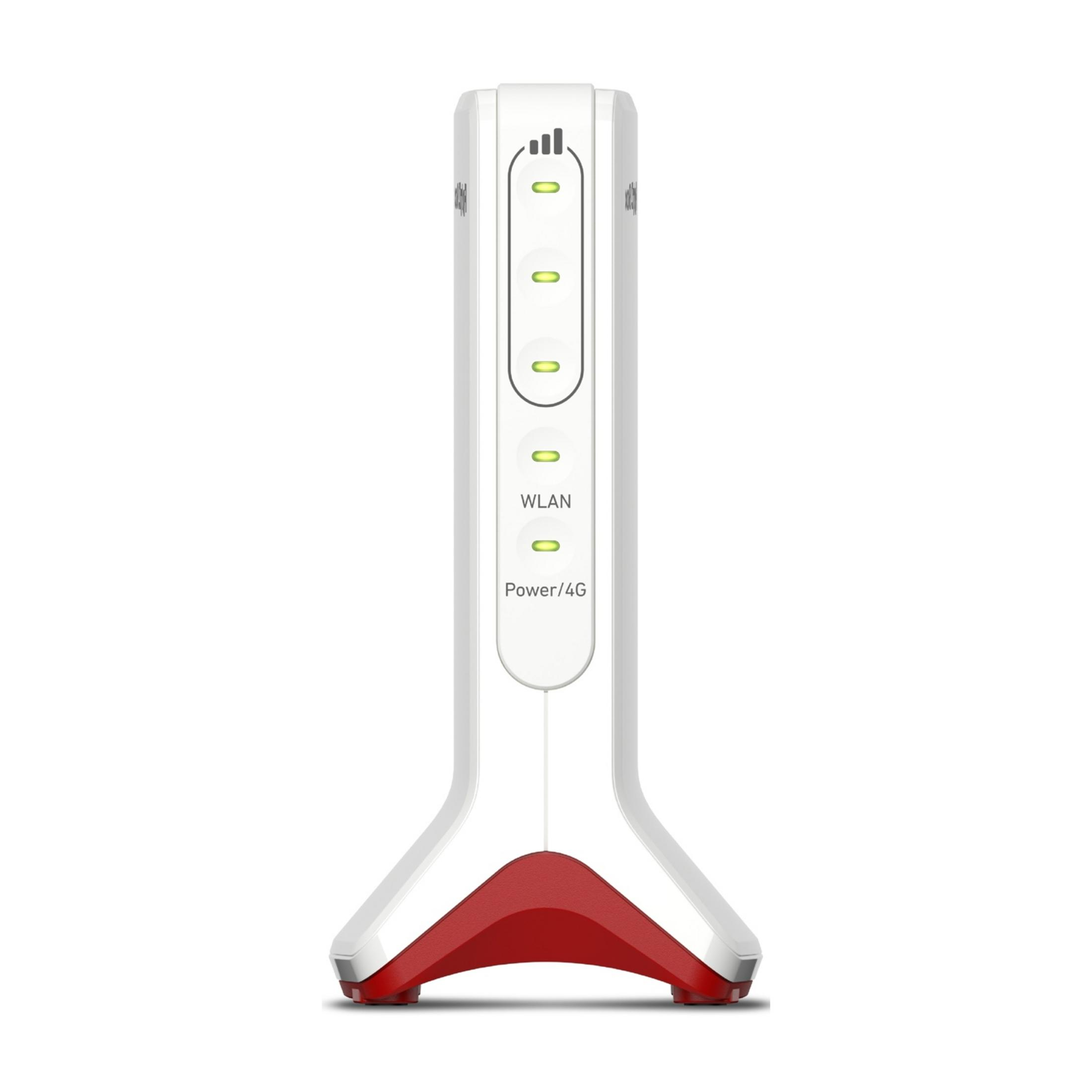 Ein weier Router mit rotem Sockel und grnen Lichtern.