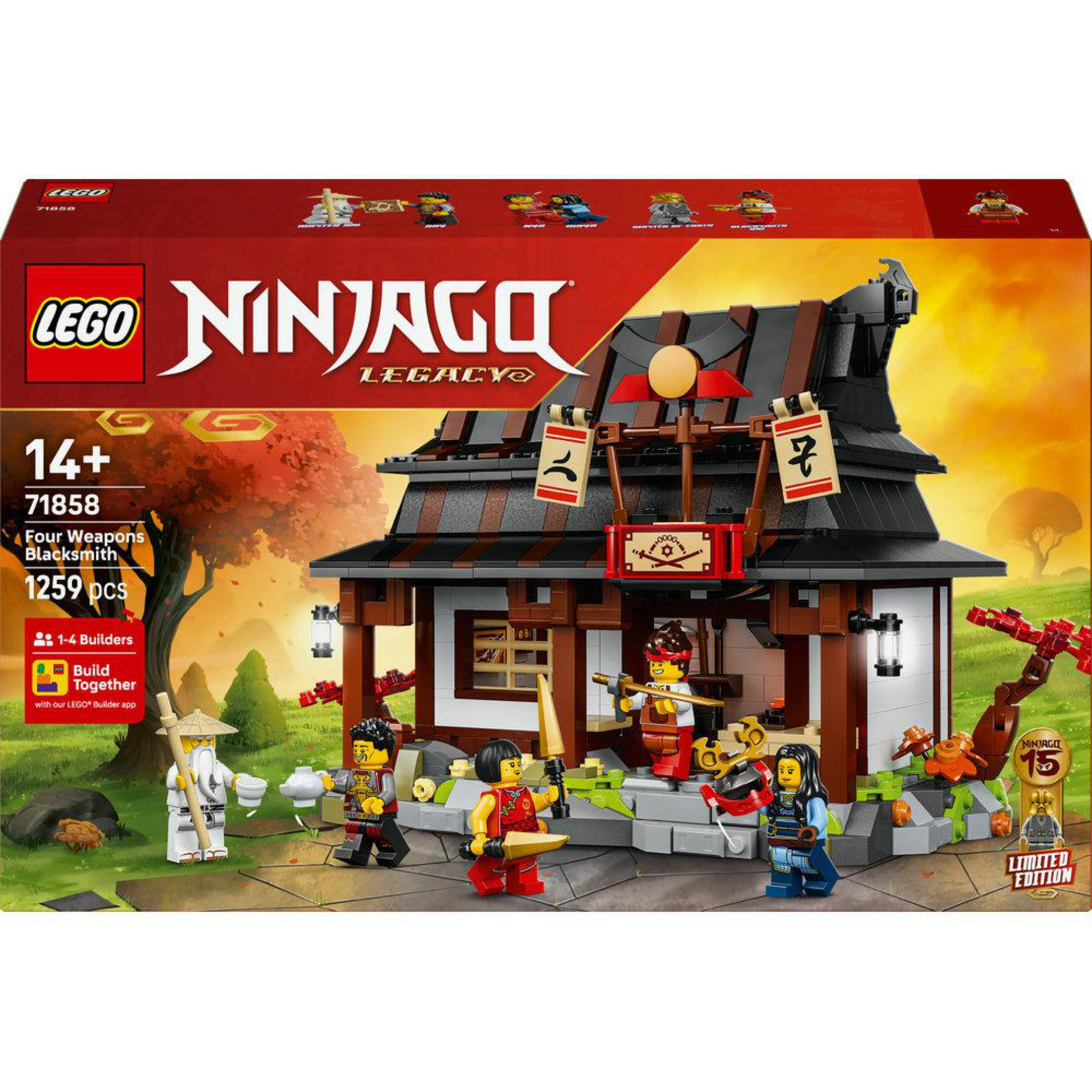 Set de juego LEGO Ninjago con figuras frente a una herrería y árboles.