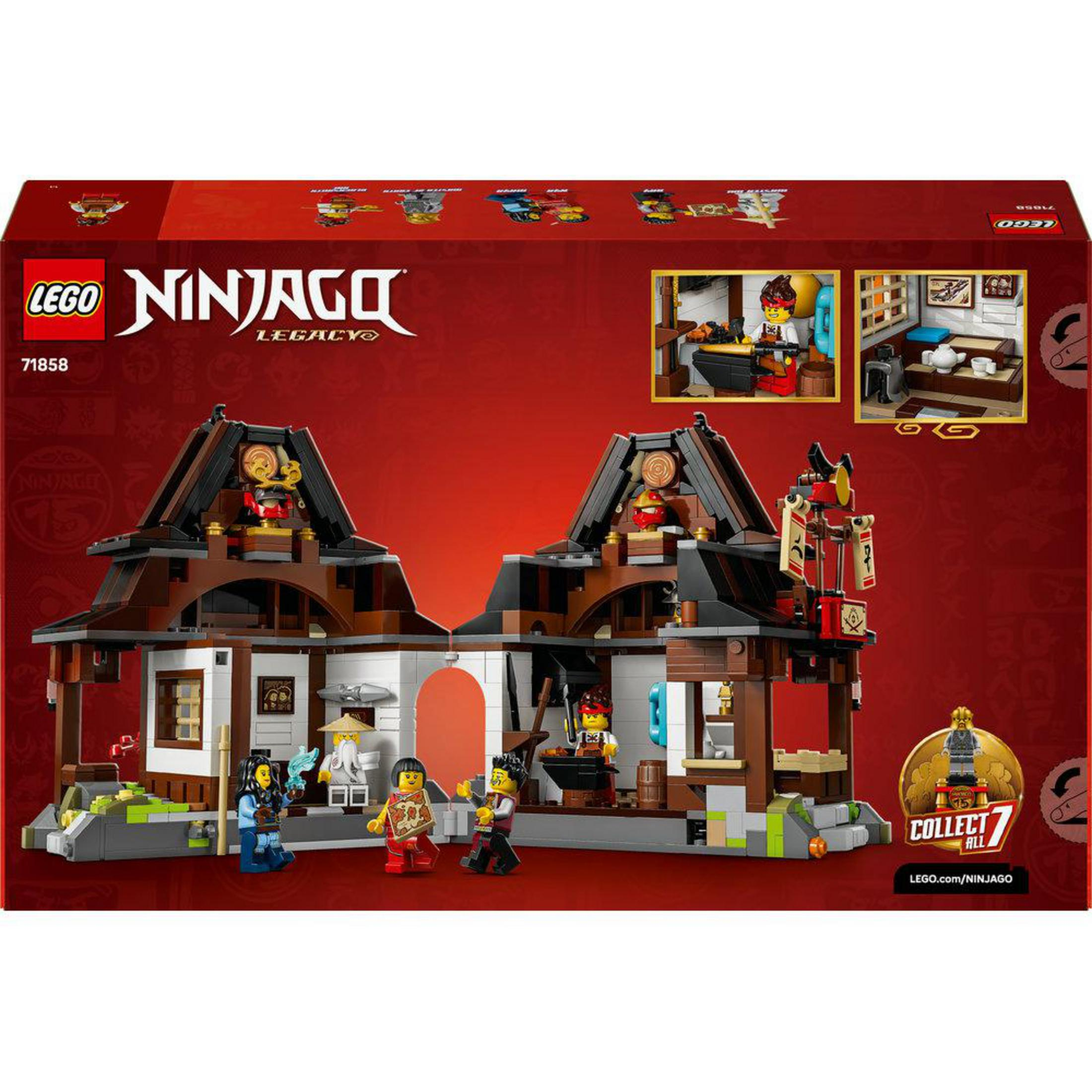 Set LEGO Ninjago Legacy 71858 con dojo, figuras y accesorios.
