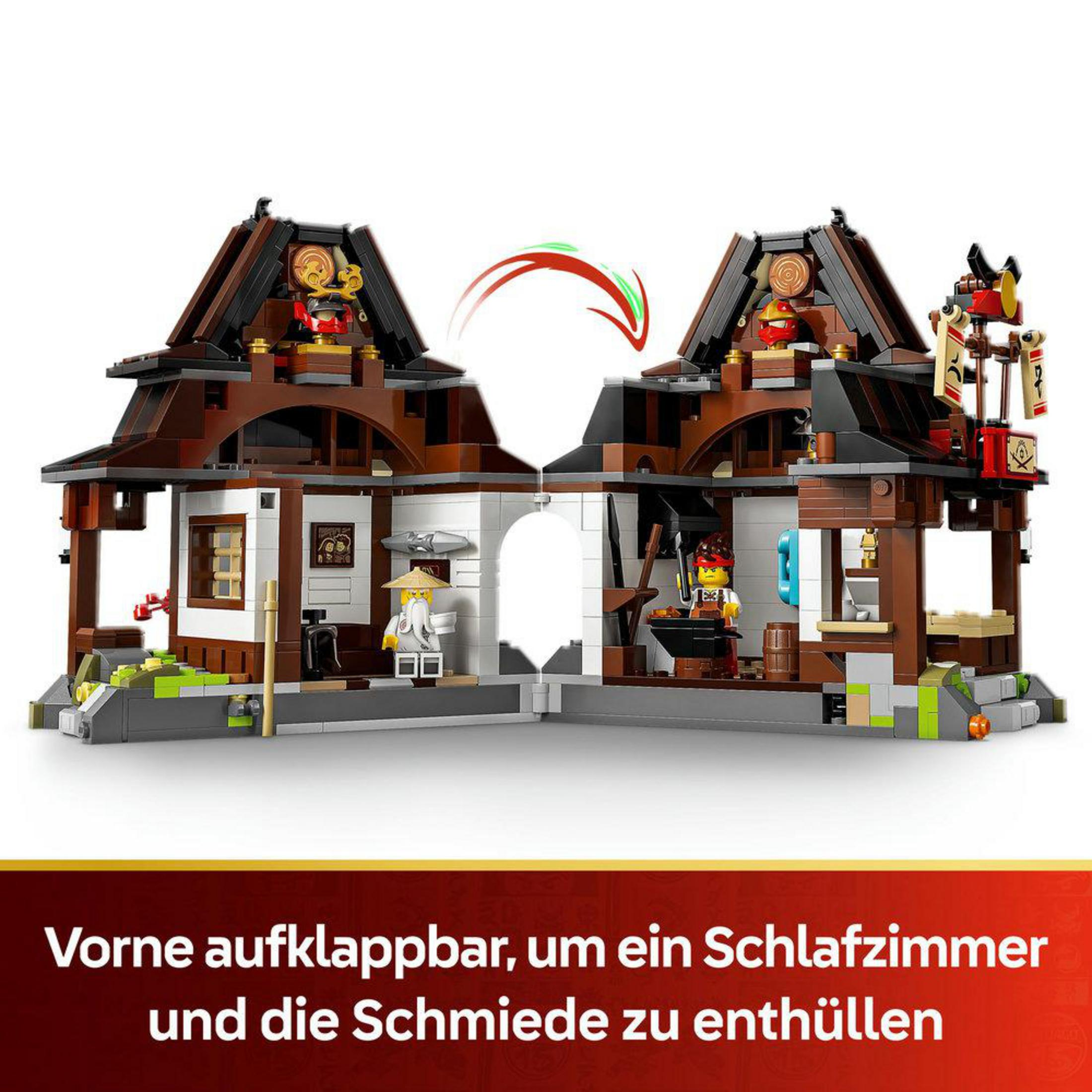 Un set de juego de dojo LEGO Ninjago que se abre para revelar un dormitorio y una forja.