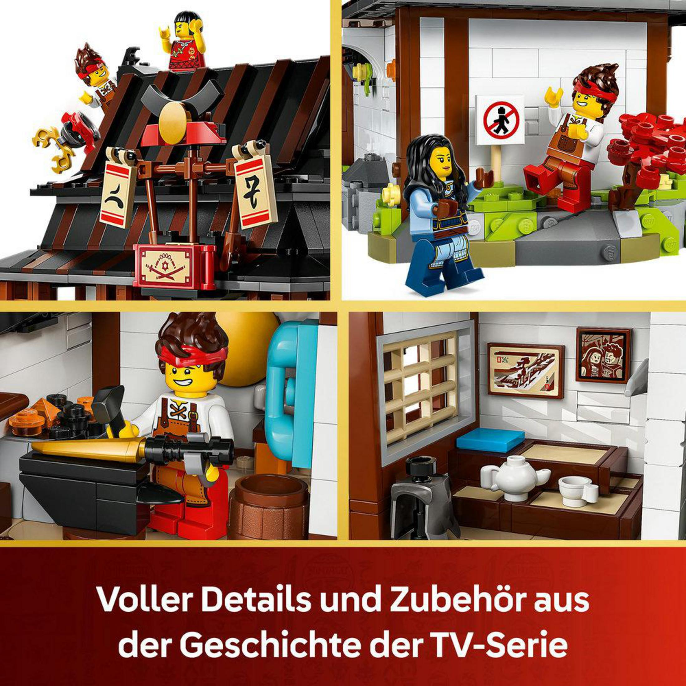 Cuatro escenas de sets de LEGO: Edificio Ninjago con figuras, taller, sala de té.