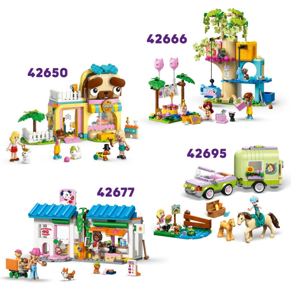 Dört LEGO Friends oyuncak seti: köpek dükkanı, ağaç ev, hayvan kliniği ve at treyleri.