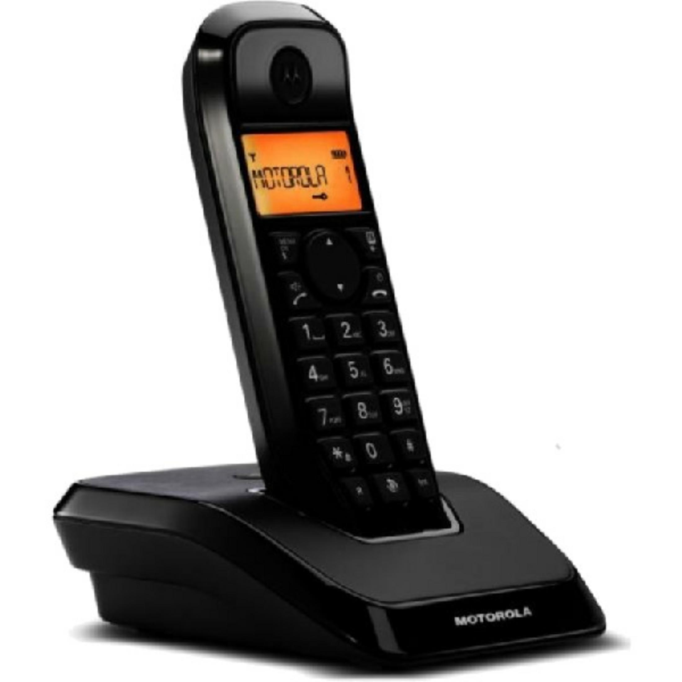 Ein schwarzes schnurloses Motorola-Telefon auf einer Ladestation.