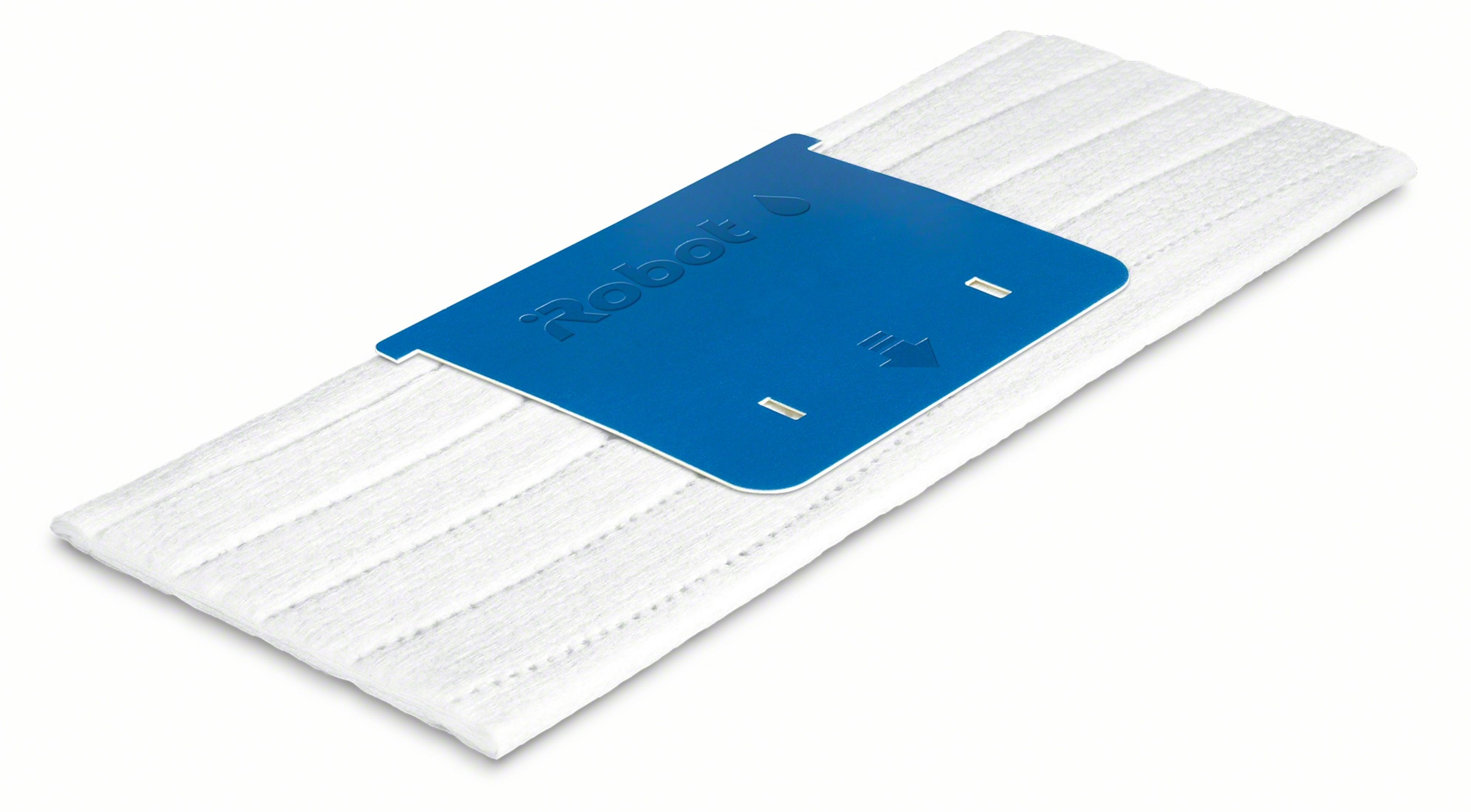 Una mopa blanca con una cubierta azul con el logo 'iRobot'.