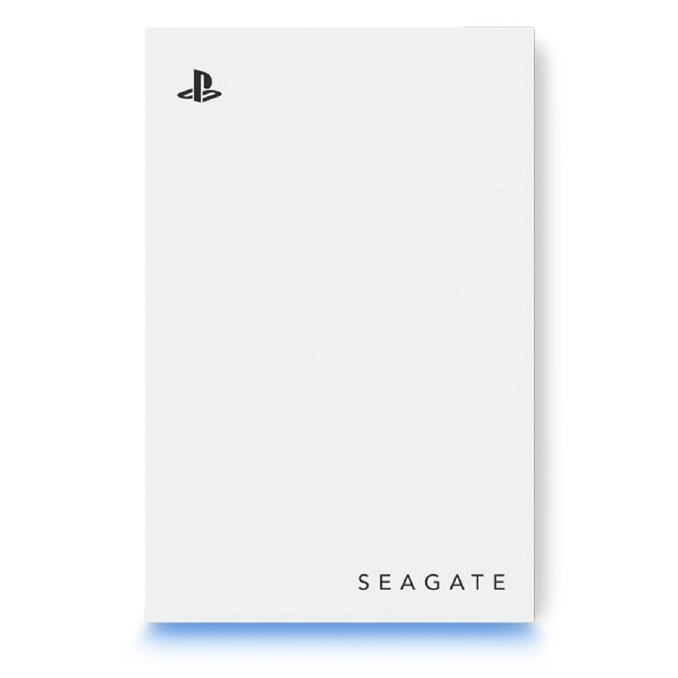 Hard disk esterno bianco con loghi PlayStation e Seagate.