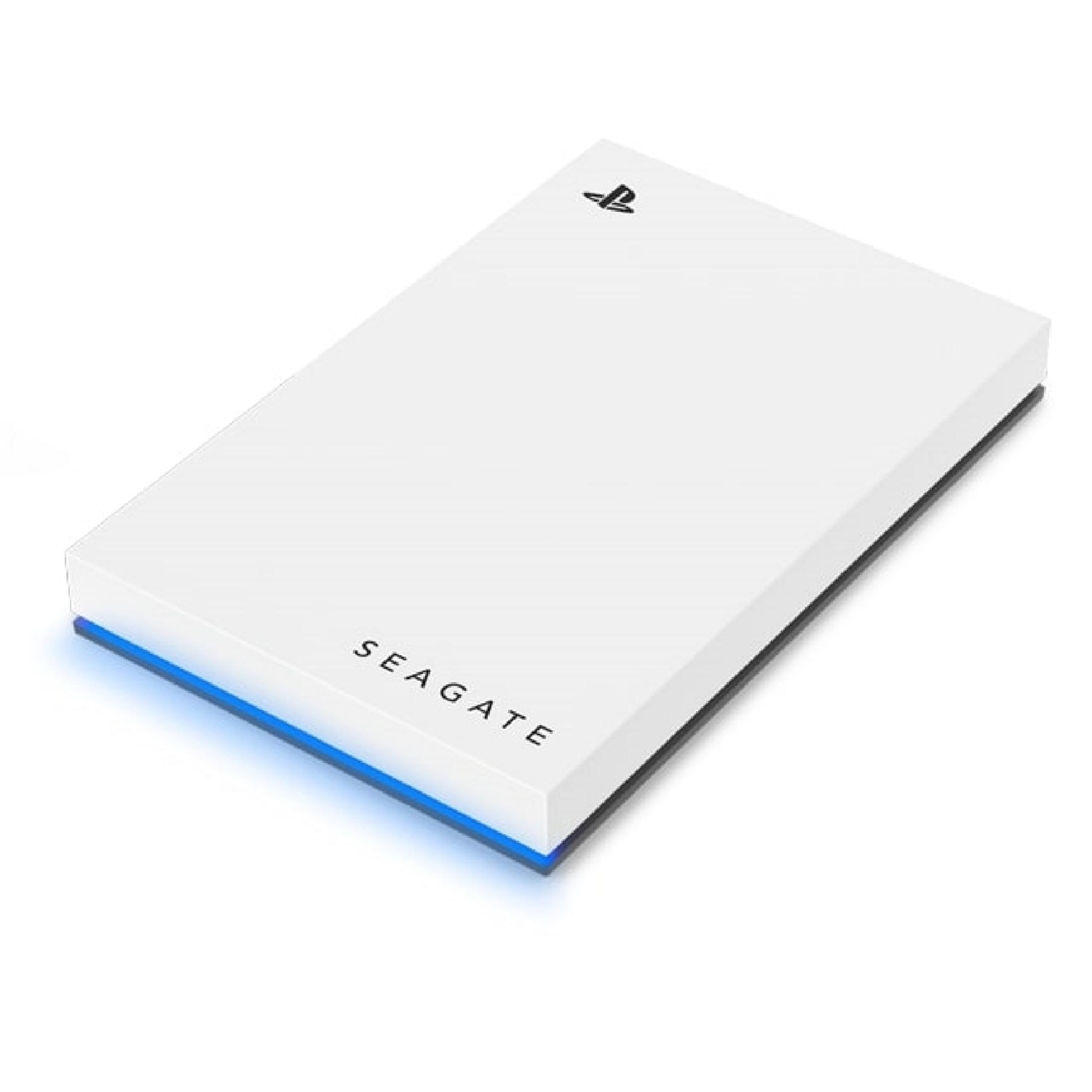 Un disco esterno bianco con luce blu e logo Playstation.