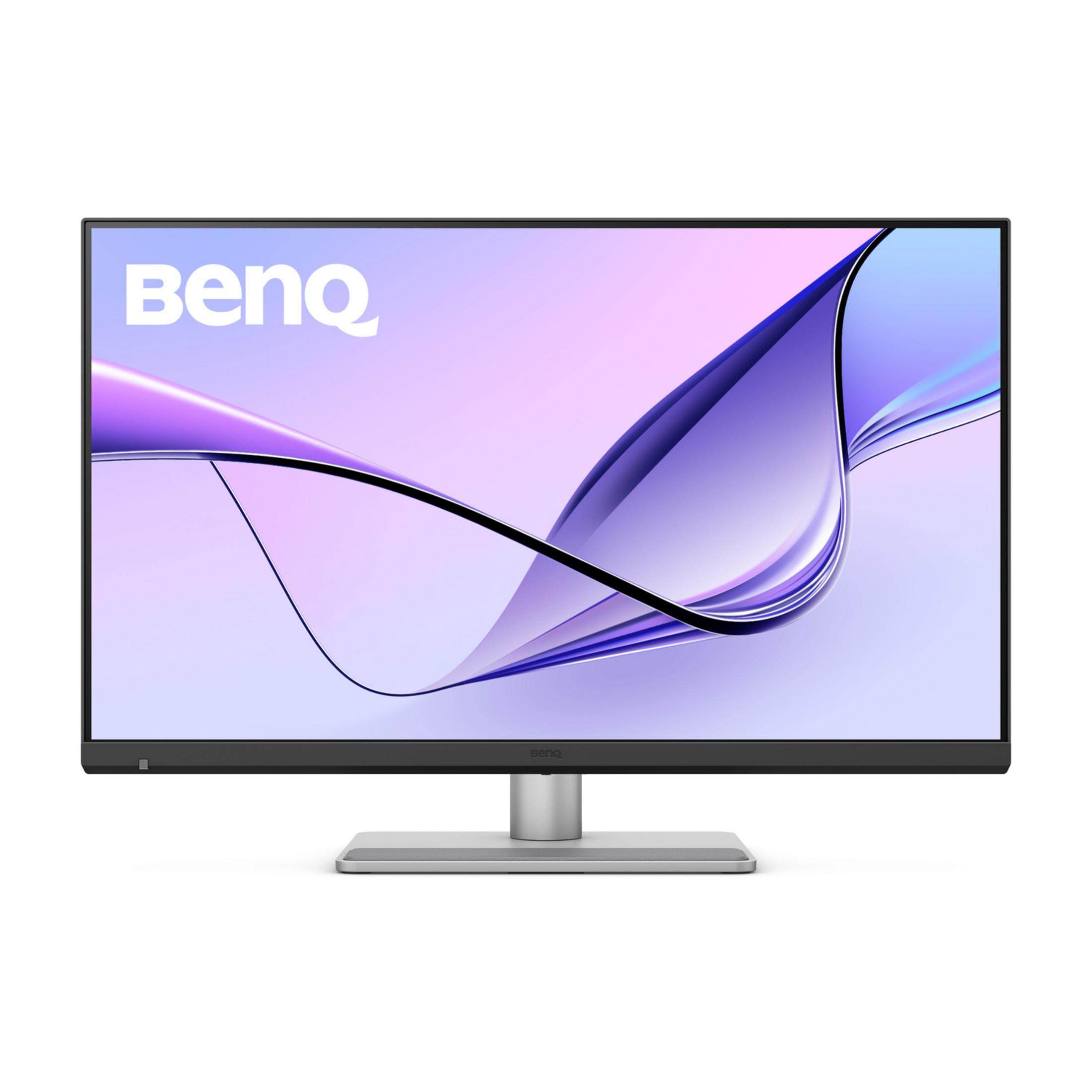 Ekranında renkli dalga deseni bulunan modern bir BenQ monitör.
