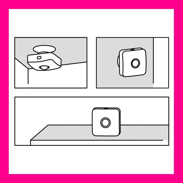 Tres ilustraciones de un dispositivo pequeño y blanco con un círculo en el centro.