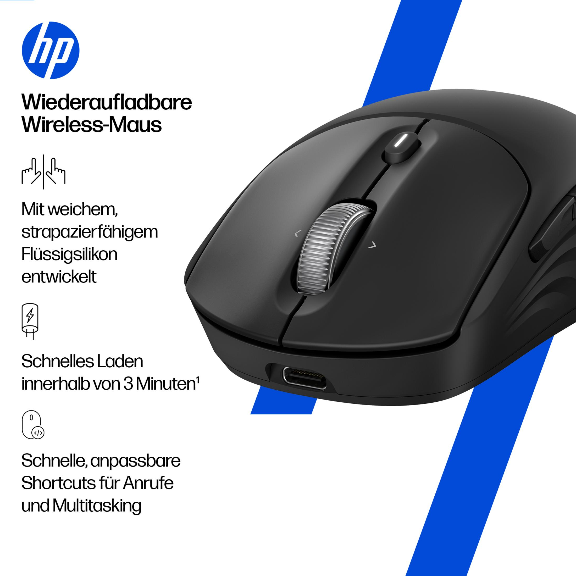 Czarna, ładowalna mysz bezprzewodowa HP z kółkiem i portem USB-C.