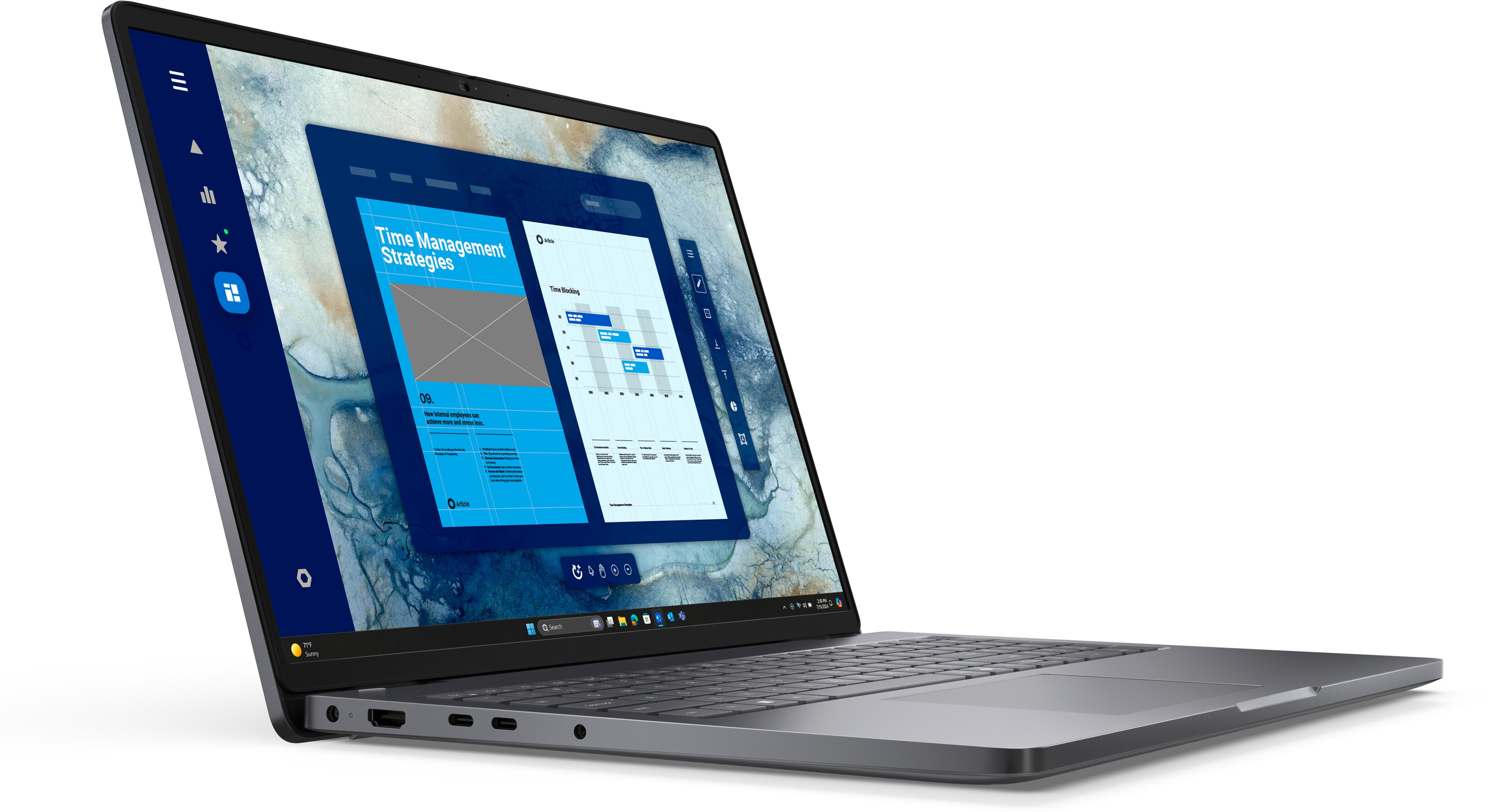Un laptop visualizza una presentazione sulle strategie di gestione del tempo con grafici.